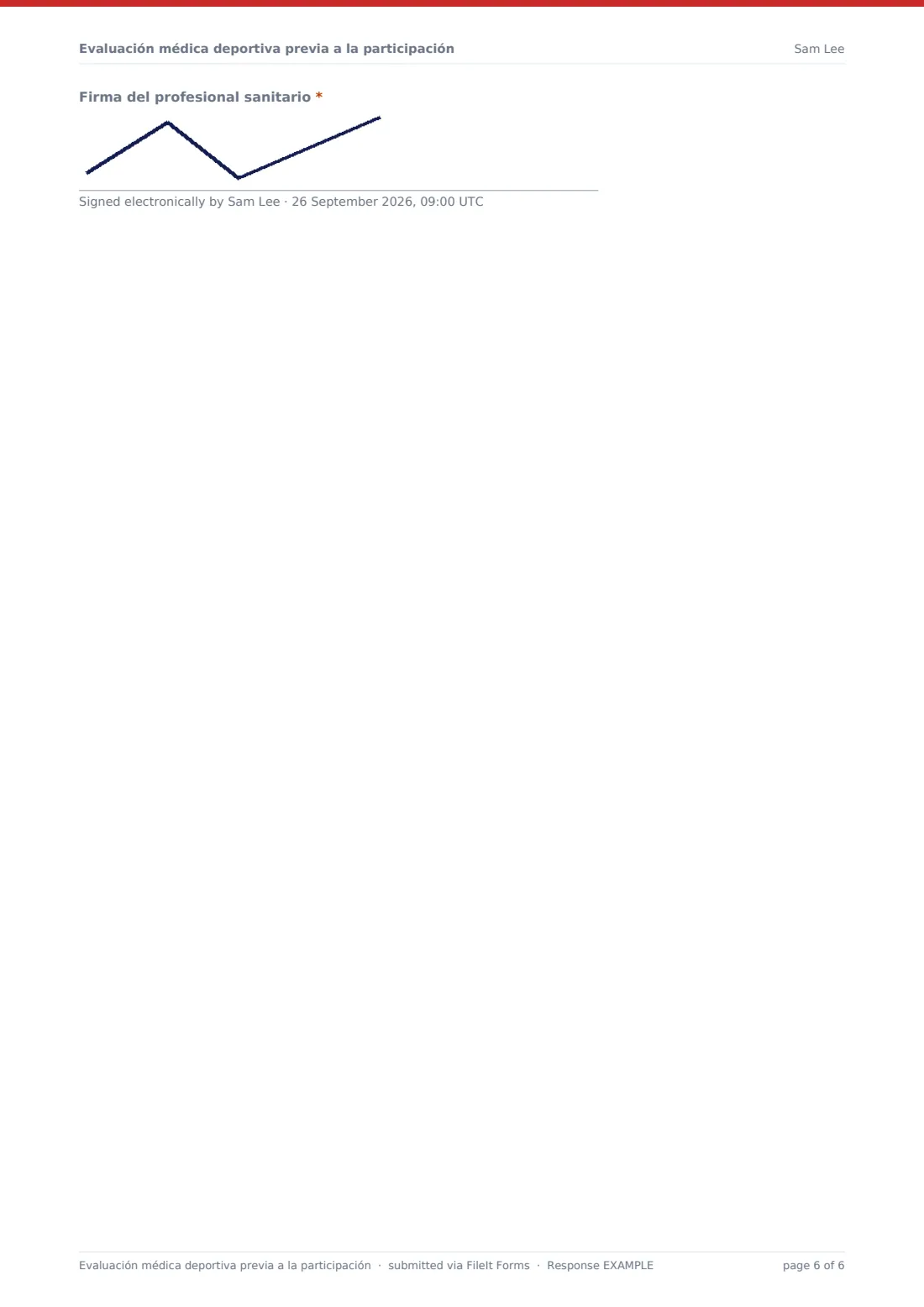 Evaluación médica deportiva previa a la participación — PDF de respuesta de ejemplo, página 6 de 6