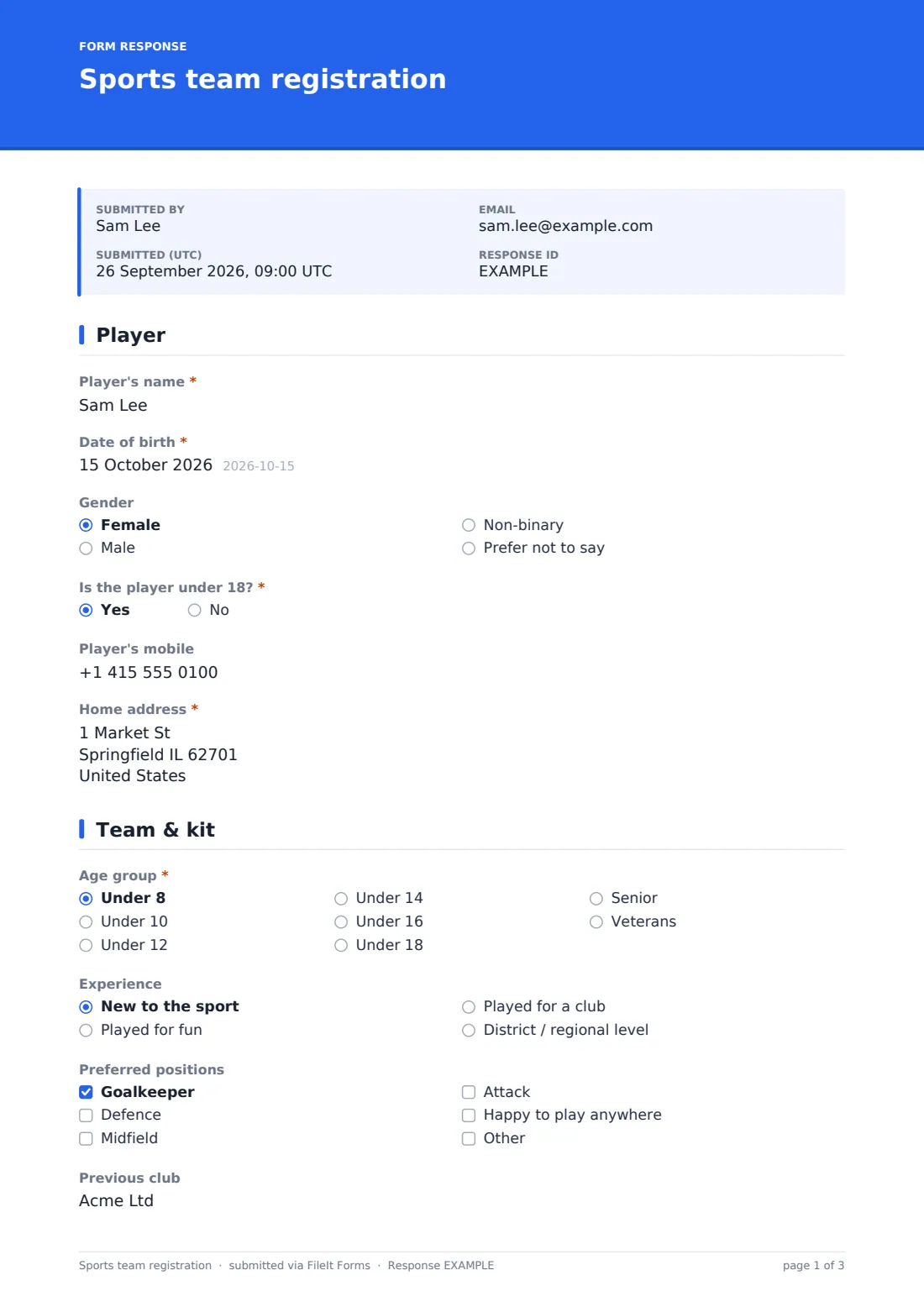 Sports team registration — example response PDF, page 1 of 3