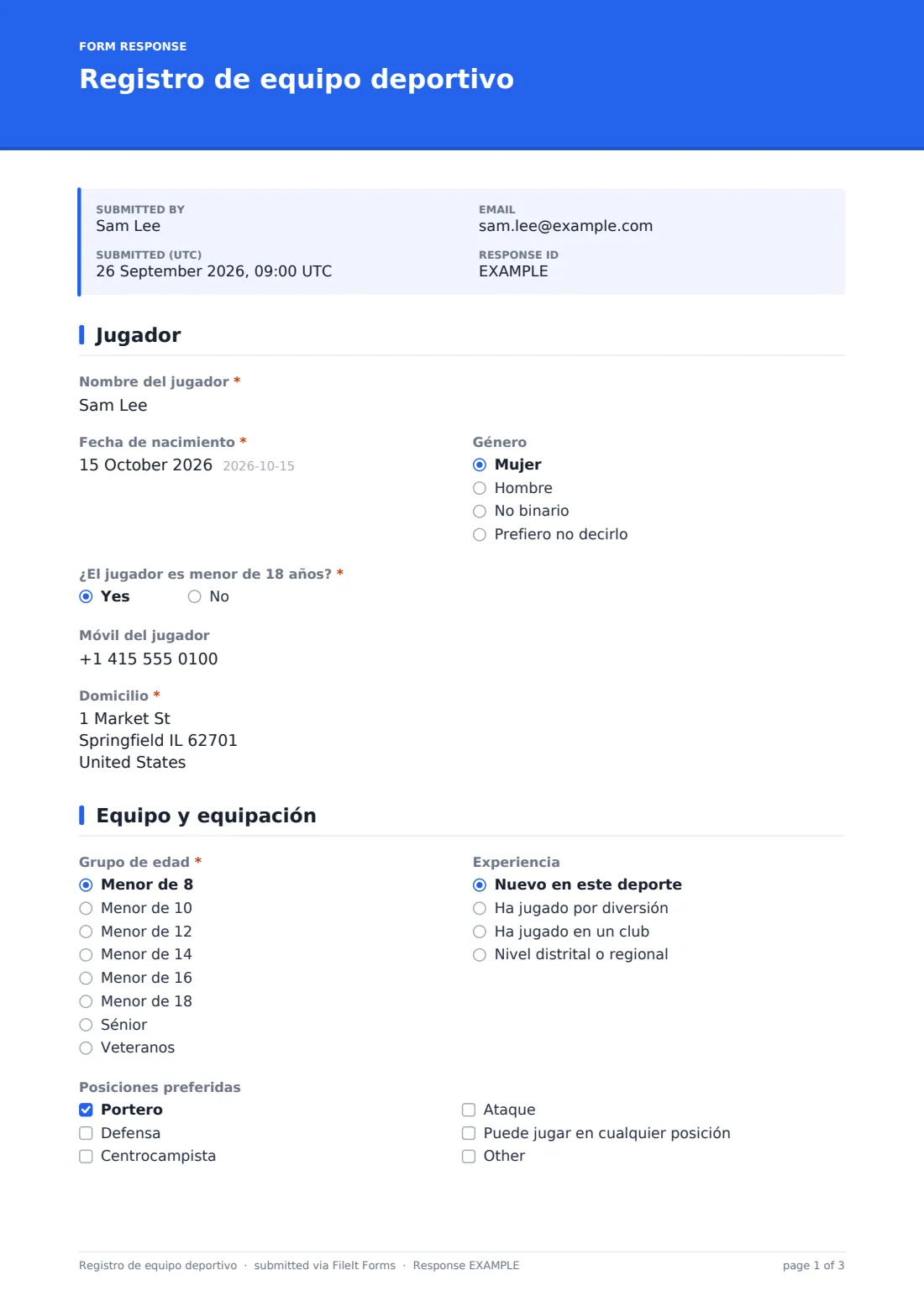 Registro de equipo deportivo — PDF de respuesta de ejemplo, página 1 de 3
