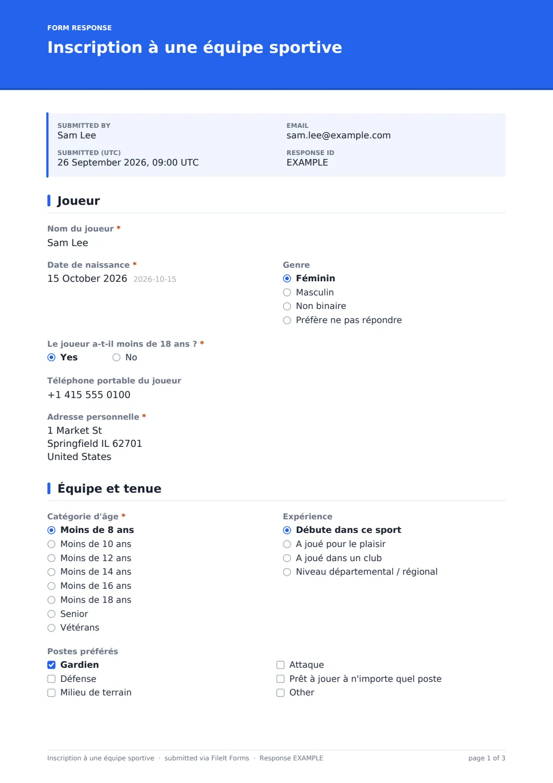 Inscription à une équipe sportive — exemple de réponse au format PDF, page 1 sur 3
