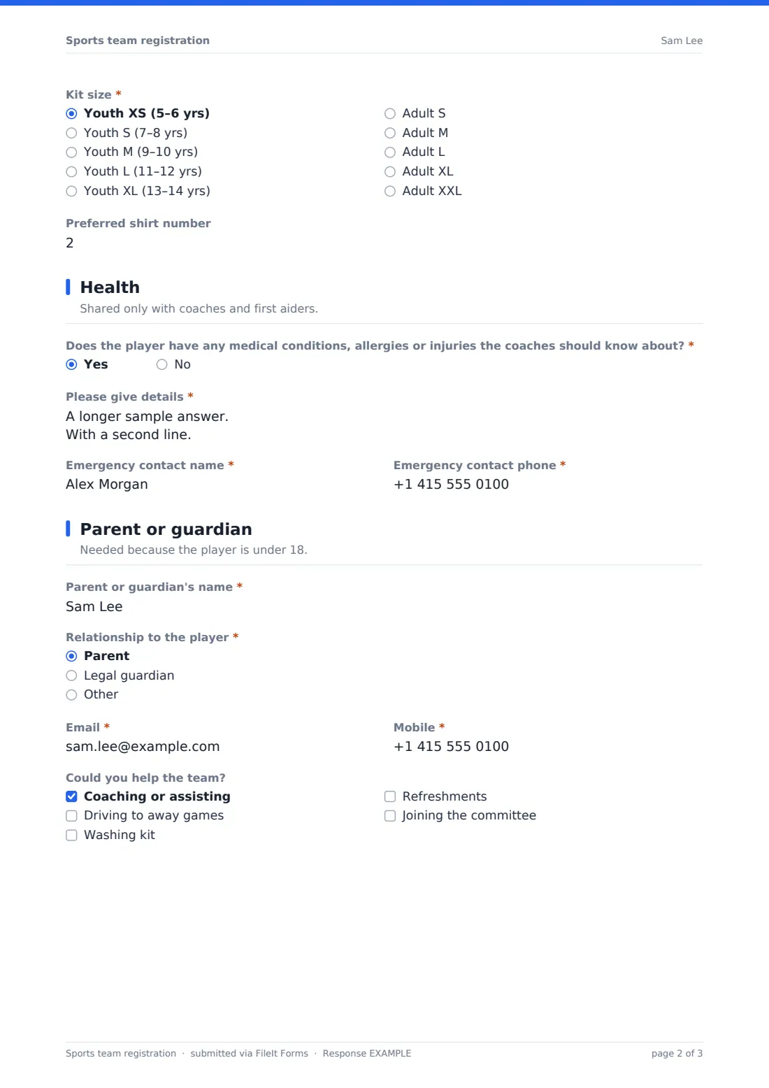 Sports team registration — example response PDF, page 2 of 3