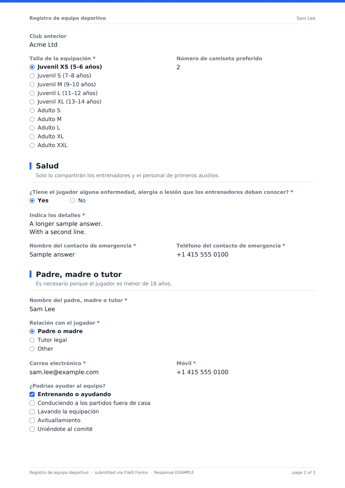 Registro de equipo deportivo — PDF de respuesta de ejemplo, página 2 de 3
