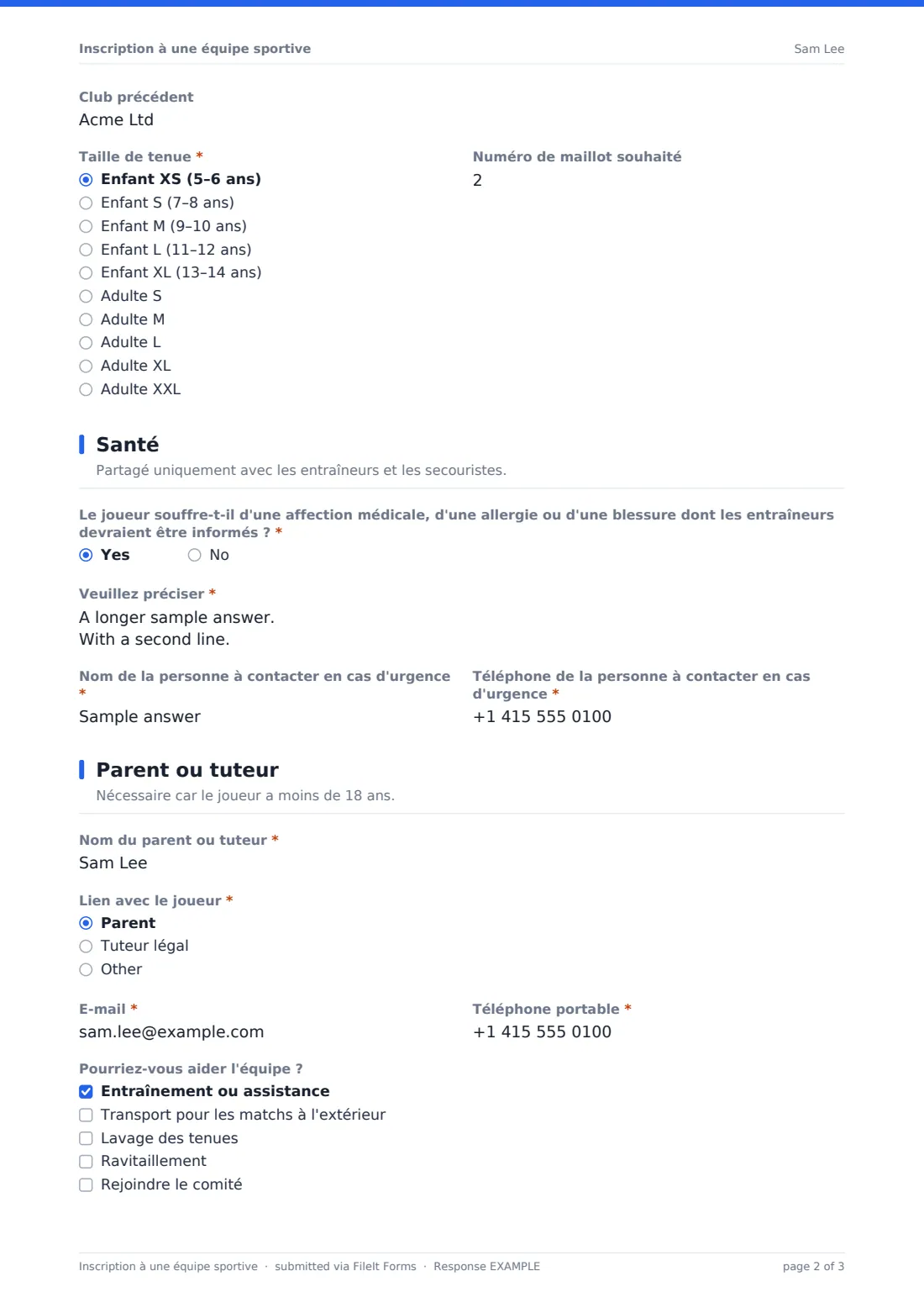 Inscription à une équipe sportive — exemple de réponse au format PDF, page 2 sur 3