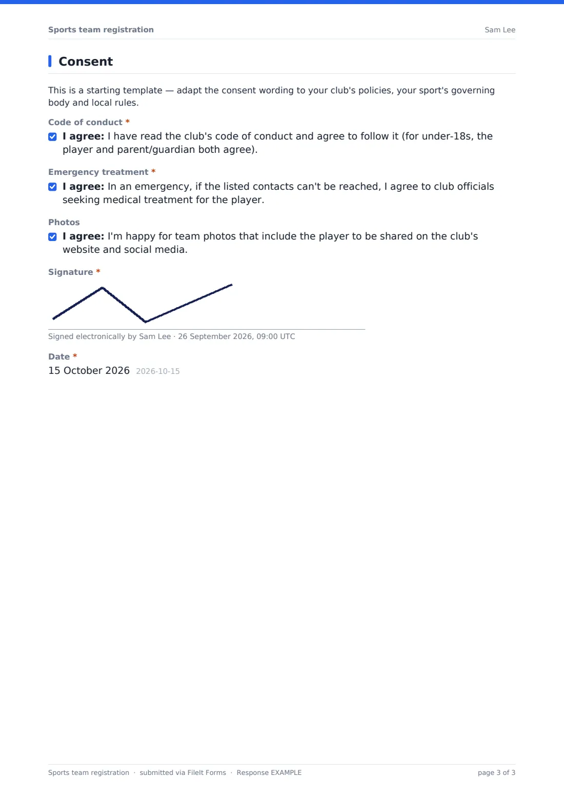 Sports team registration — example response PDF, page 3 of 3