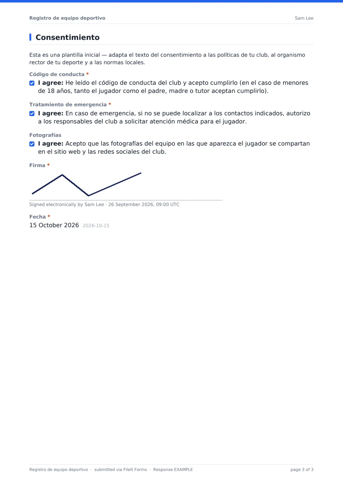 Registro de equipo deportivo — PDF de respuesta de ejemplo, página 3 de 3