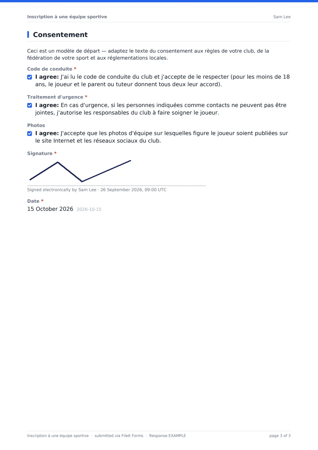 Inscription à une équipe sportive — exemple de réponse au format PDF, page 3 sur 3