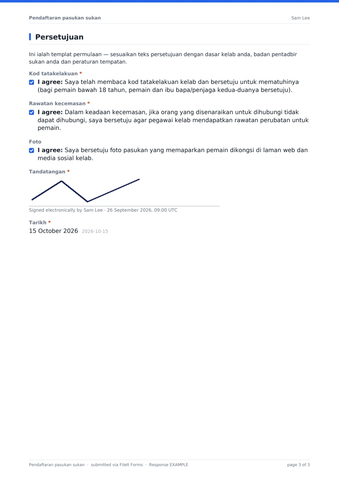 Pendaftaran pasukan sukan — PDF respons contoh, halaman 3 daripada 3