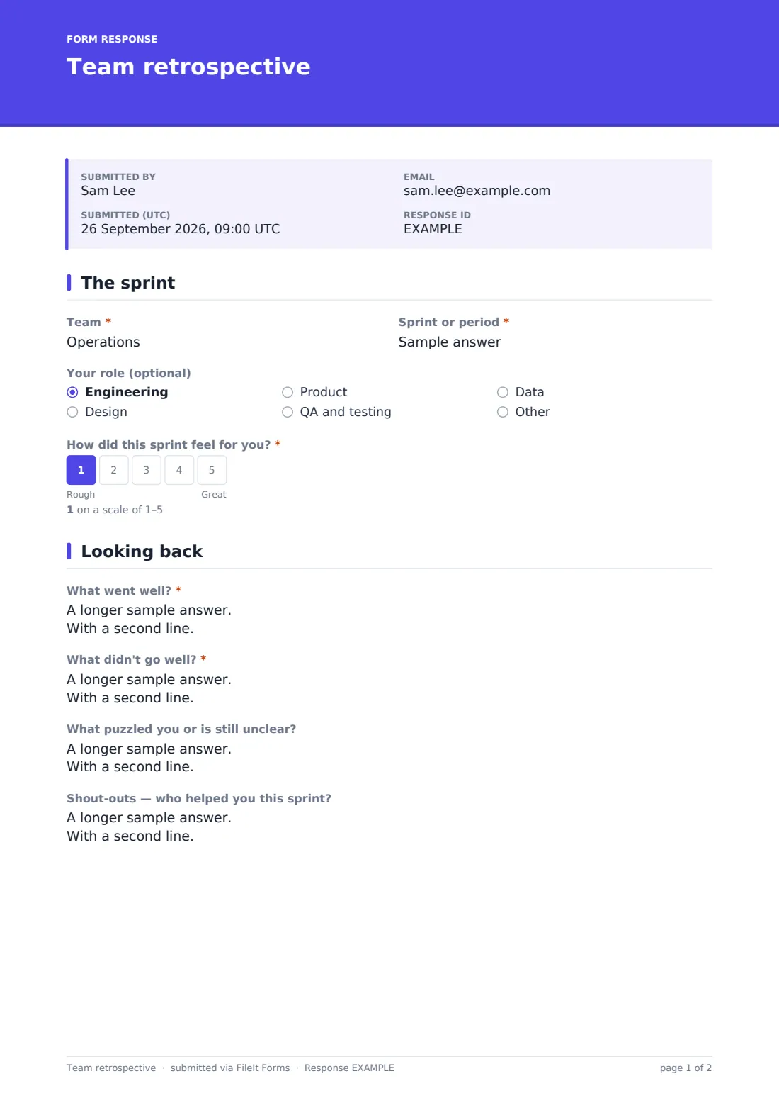 Team retrospective — example response PDF, page 1 of 2