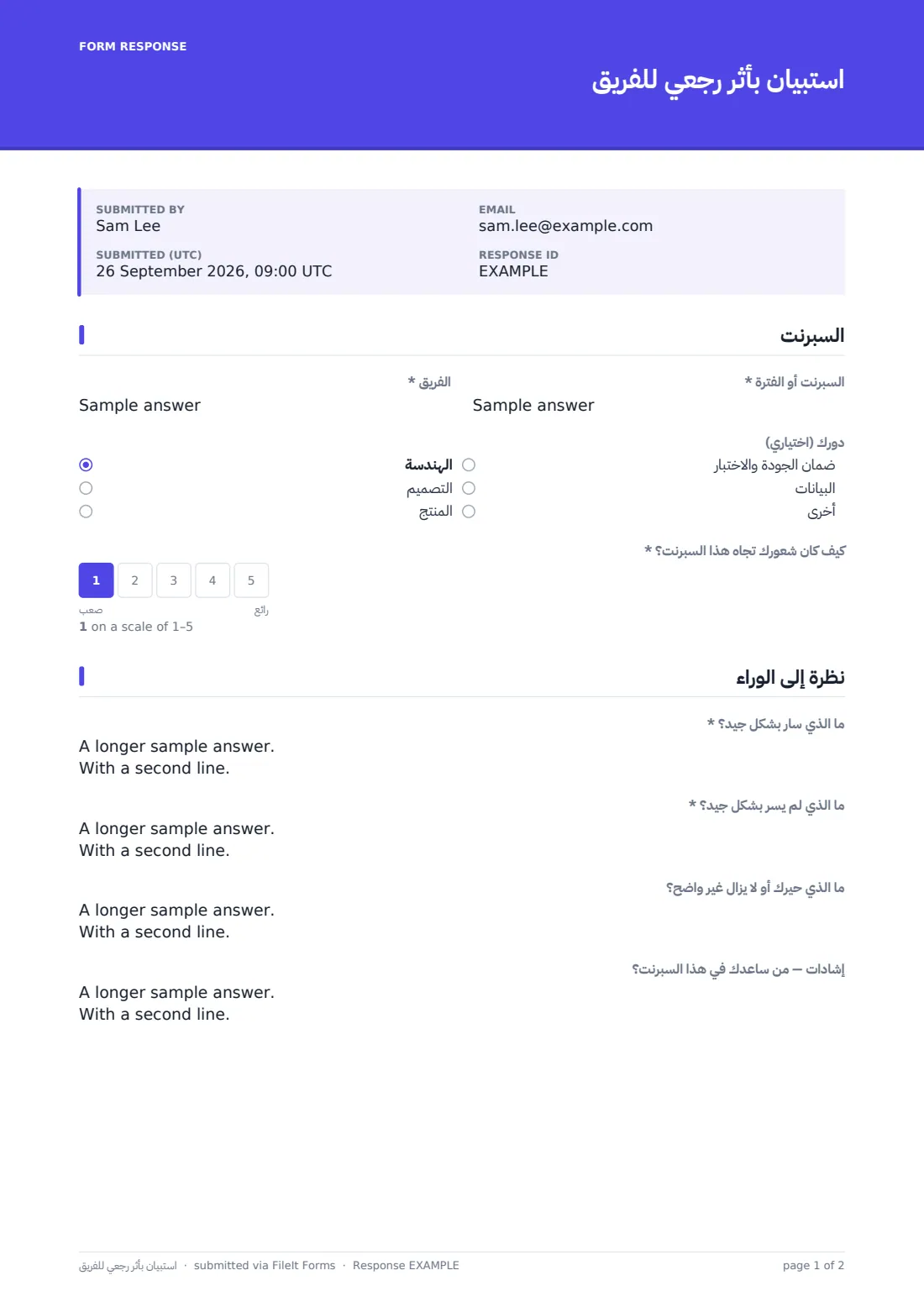 استبيان بأثر رجعي للفريق — ملف PDF لرد نموذجي، الصفحة 1 من 2