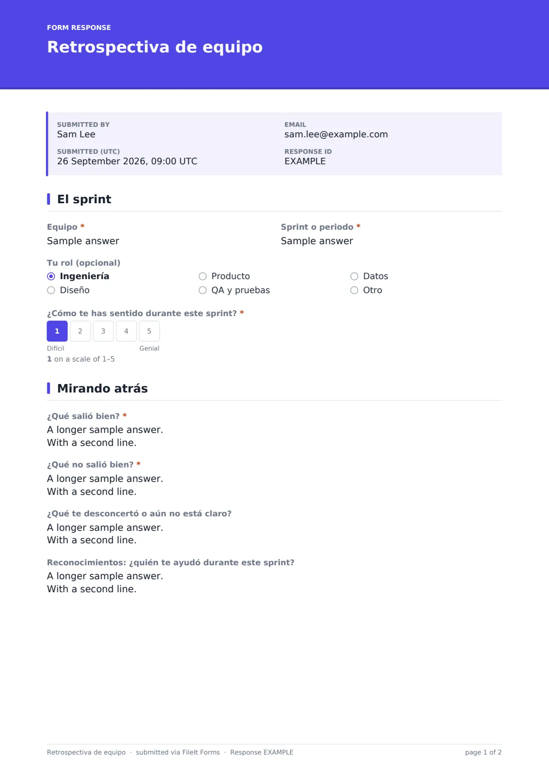 Retrospectiva de equipo — PDF de respuesta de ejemplo, página 1 de 2
