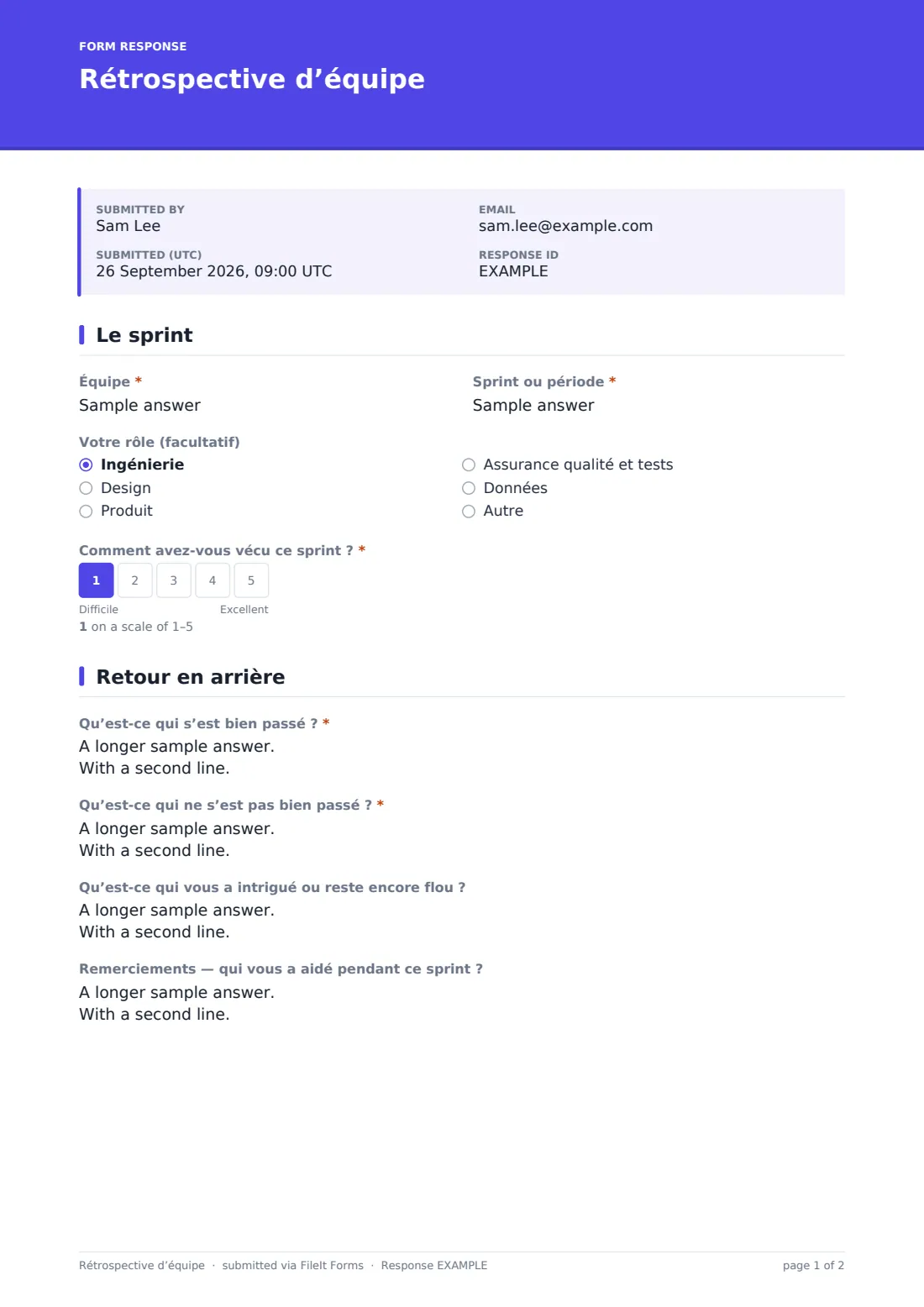 Rétrospective d’équipe — exemple de réponse au format PDF, page 1 sur 2