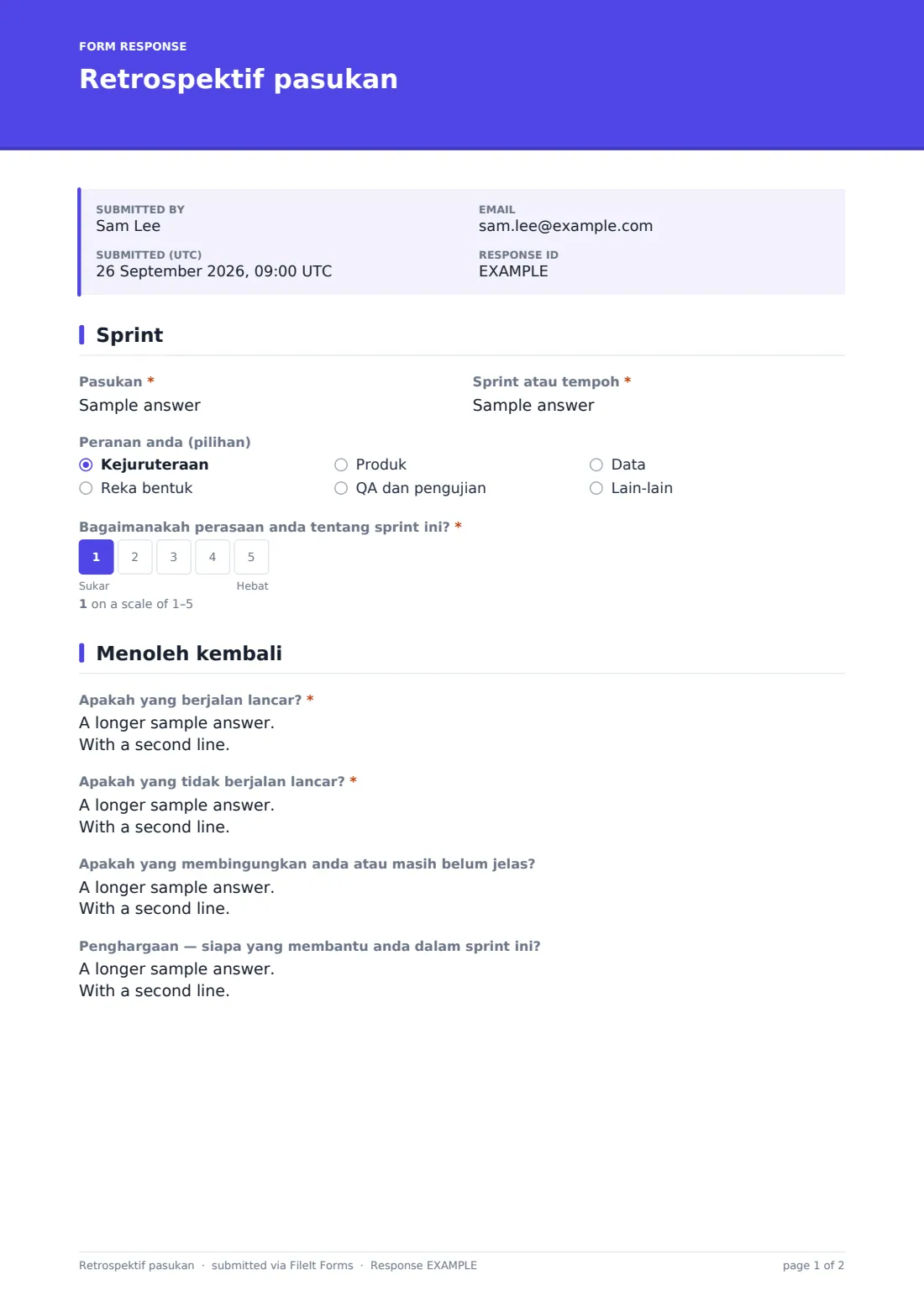 Retrospektif pasukan — PDF respons contoh, halaman 1 daripada 2