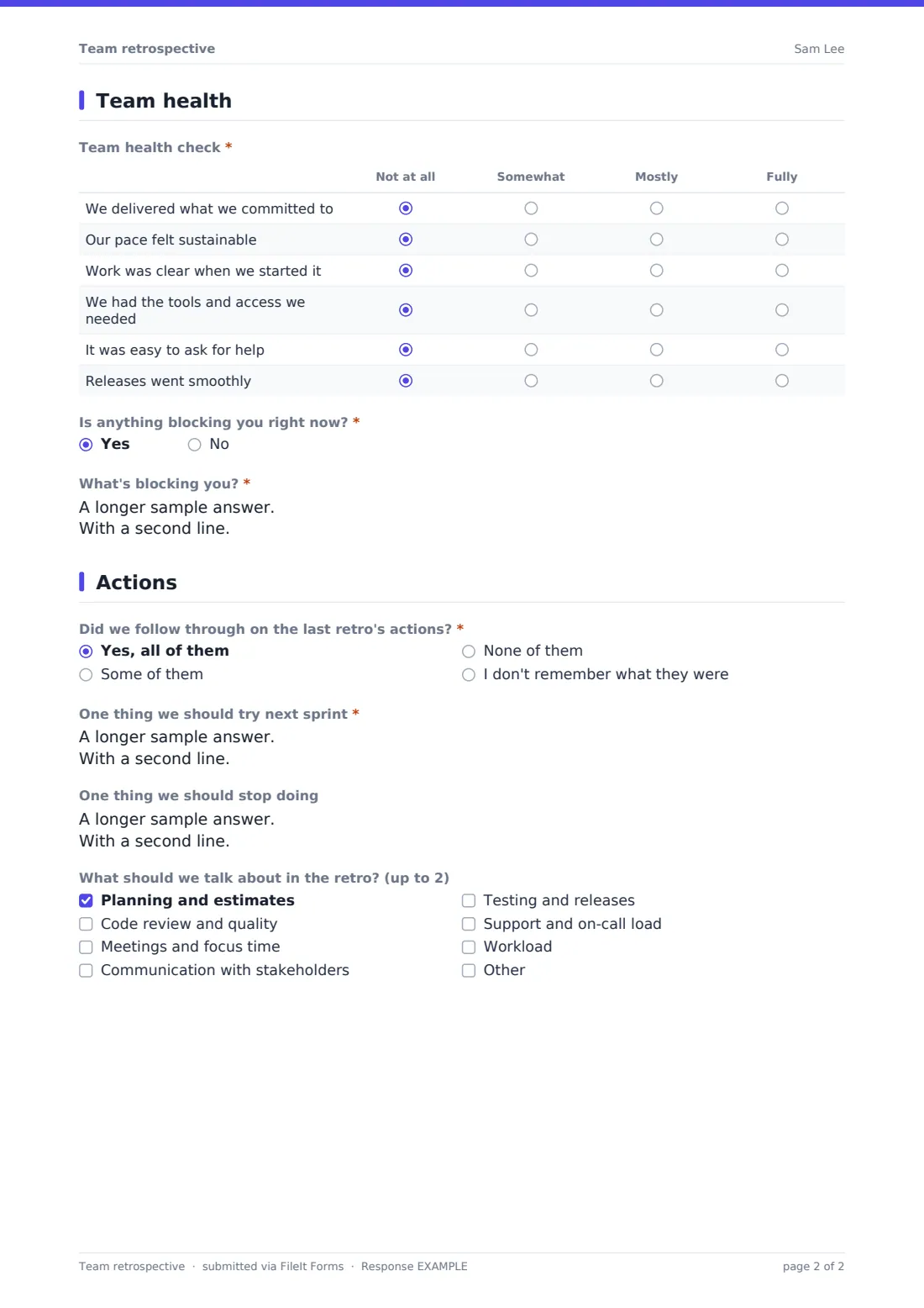 Team retrospective — example response PDF, page 2 of 2