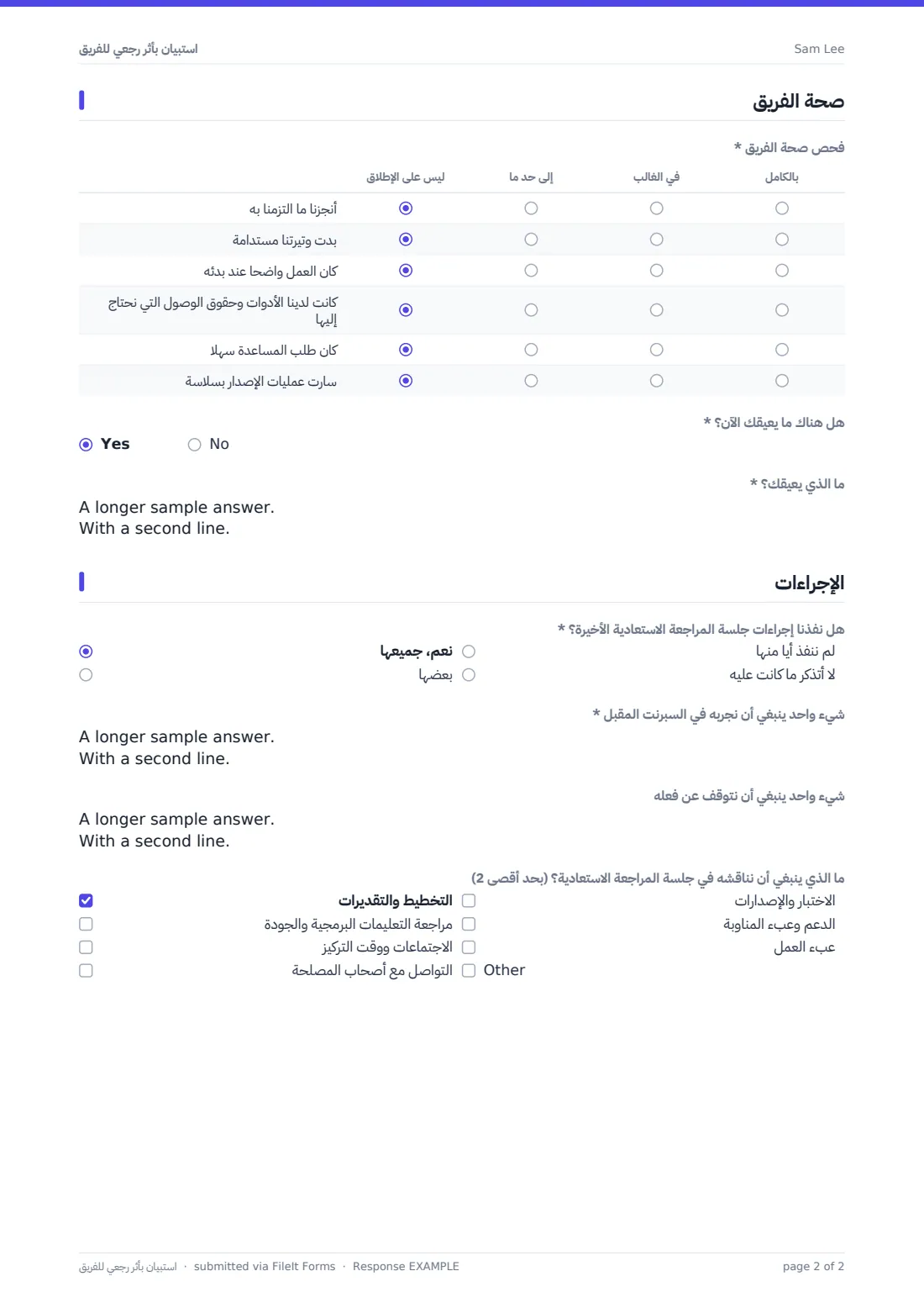 استبيان بأثر رجعي للفريق — ملف PDF لرد نموذجي، الصفحة 2 من 2