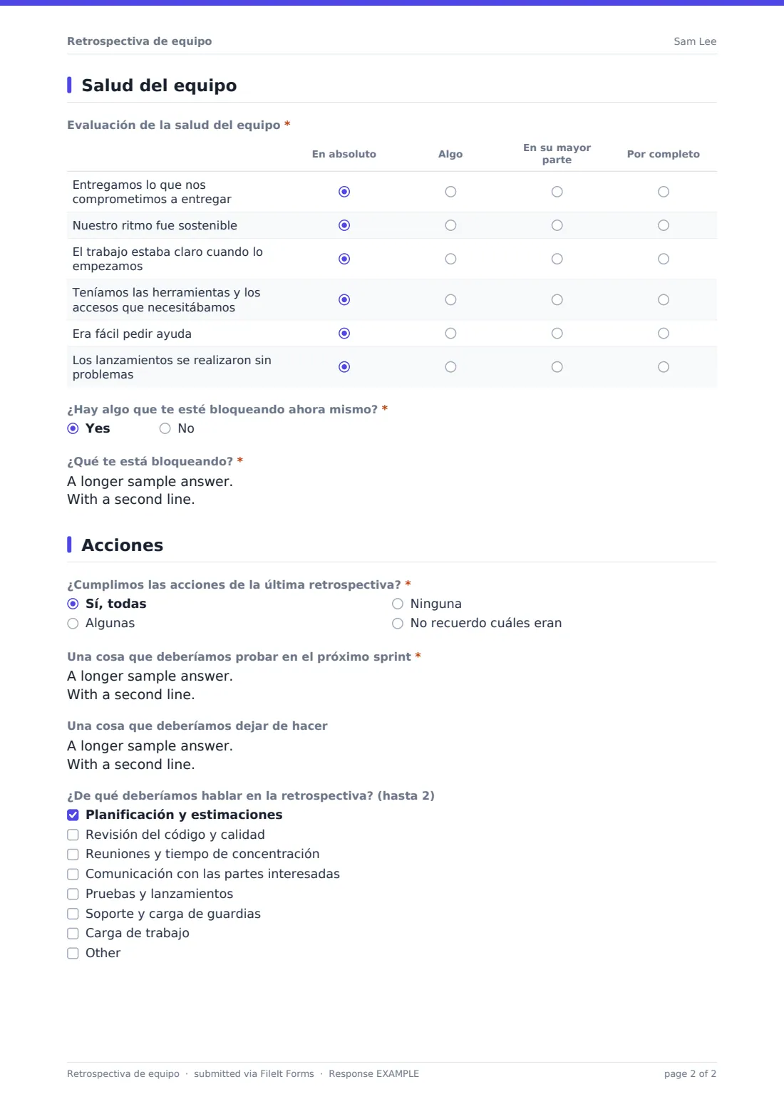 Retrospectiva de equipo — PDF de respuesta de ejemplo, página 2 de 2