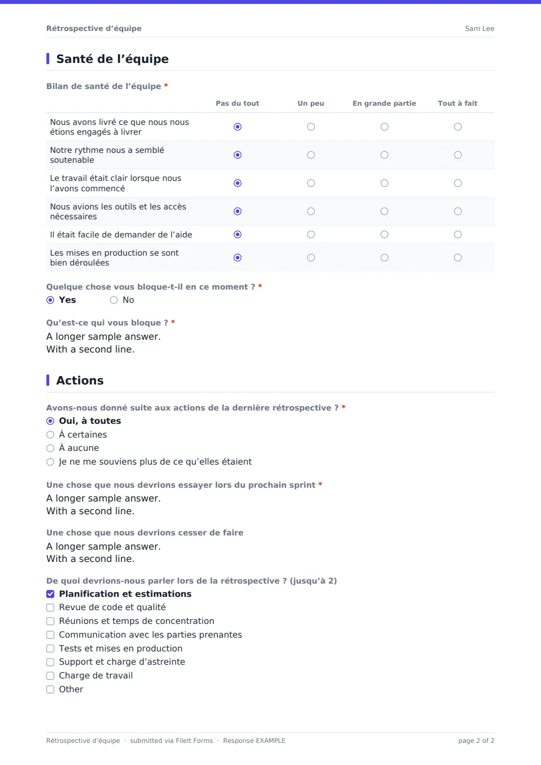 Rétrospective d’équipe — exemple de réponse au format PDF, page 2 sur 2