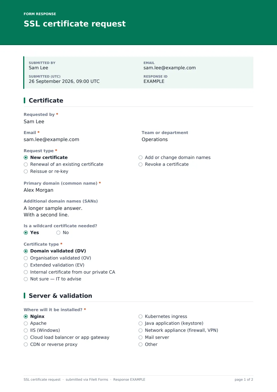 SSL certificate request — example response PDF, page 1 of 2