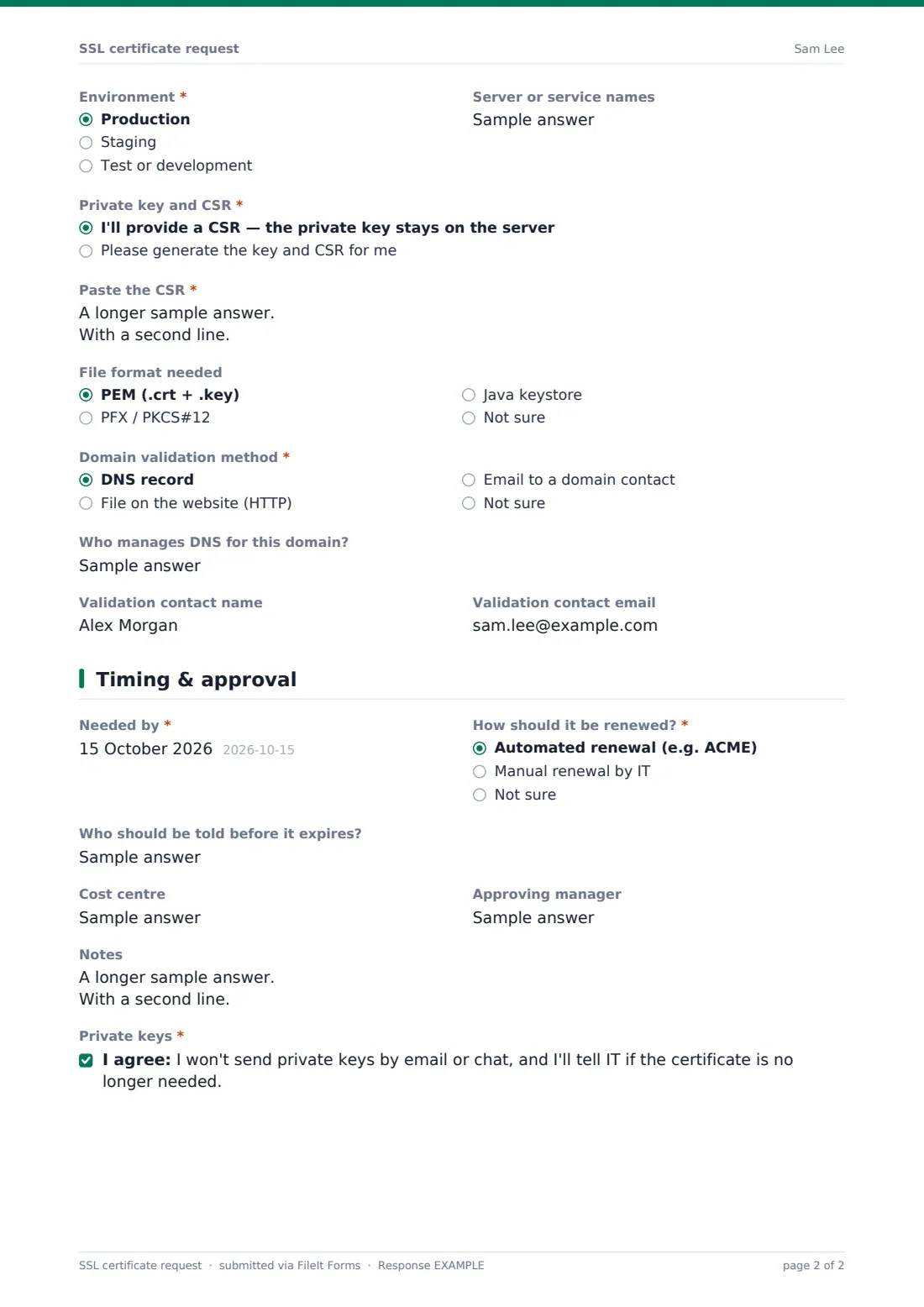 SSL certificate request — example response PDF, page 2 of 2