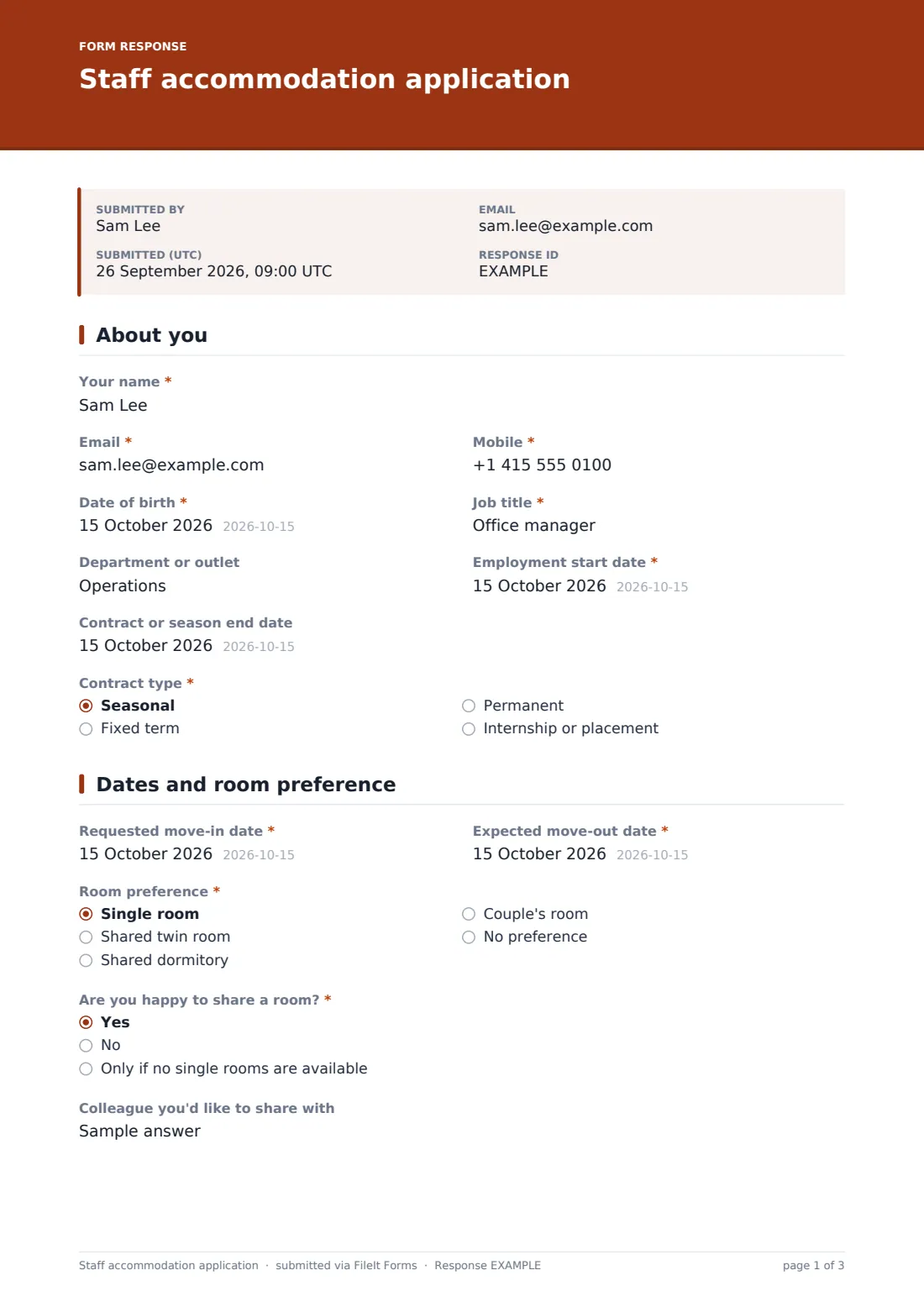 Staff accommodation application — example response PDF, page 1 of 3