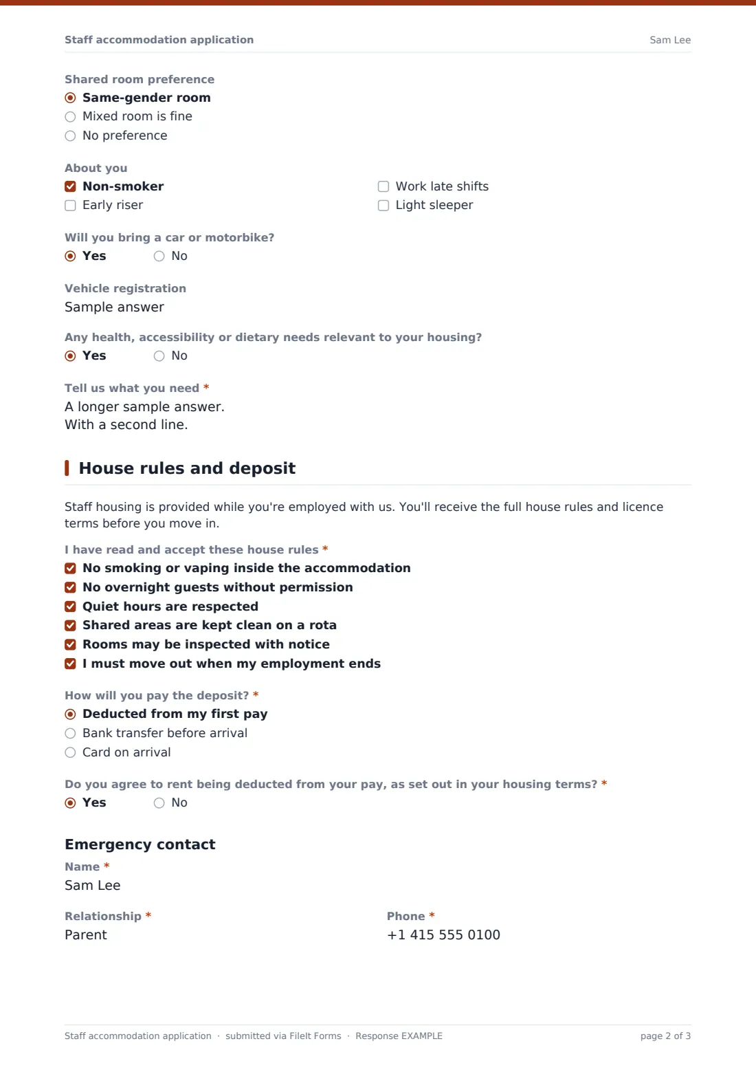 Staff accommodation application — example response PDF, page 2 of 3