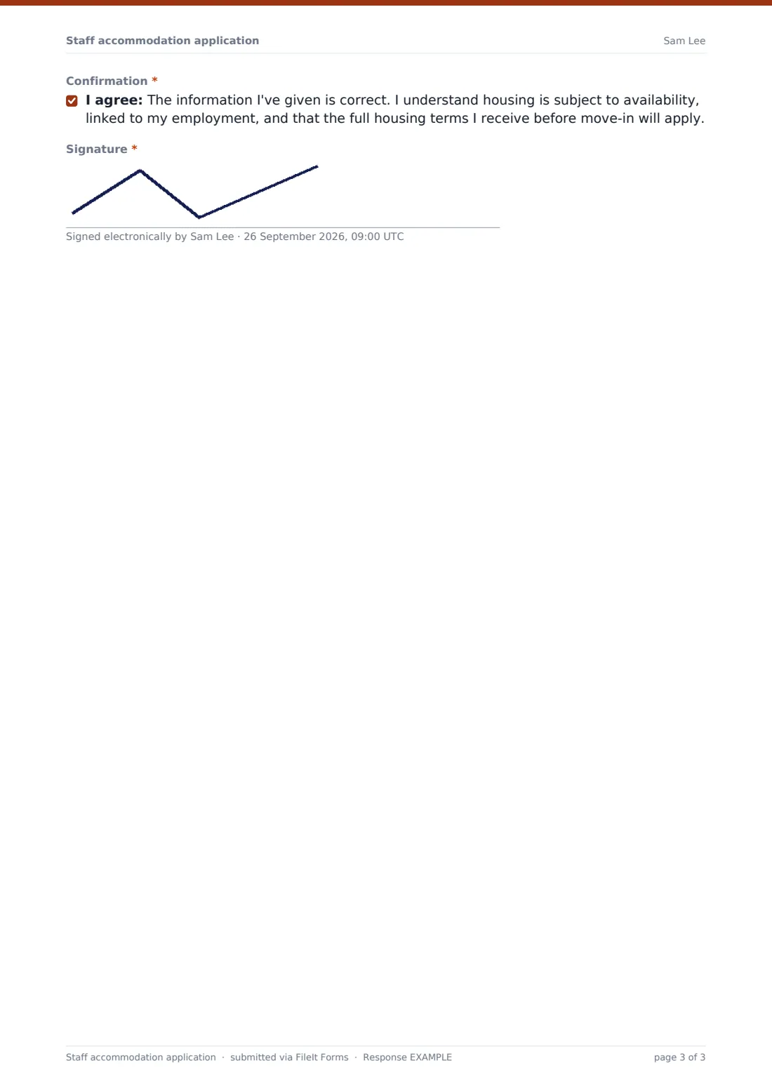 Staff accommodation application — example response PDF, page 3 of 3