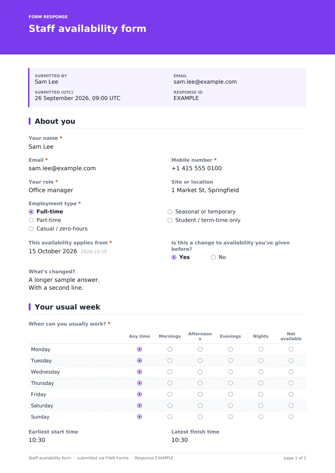 Staff availability form — example response PDF, page 1 of 2