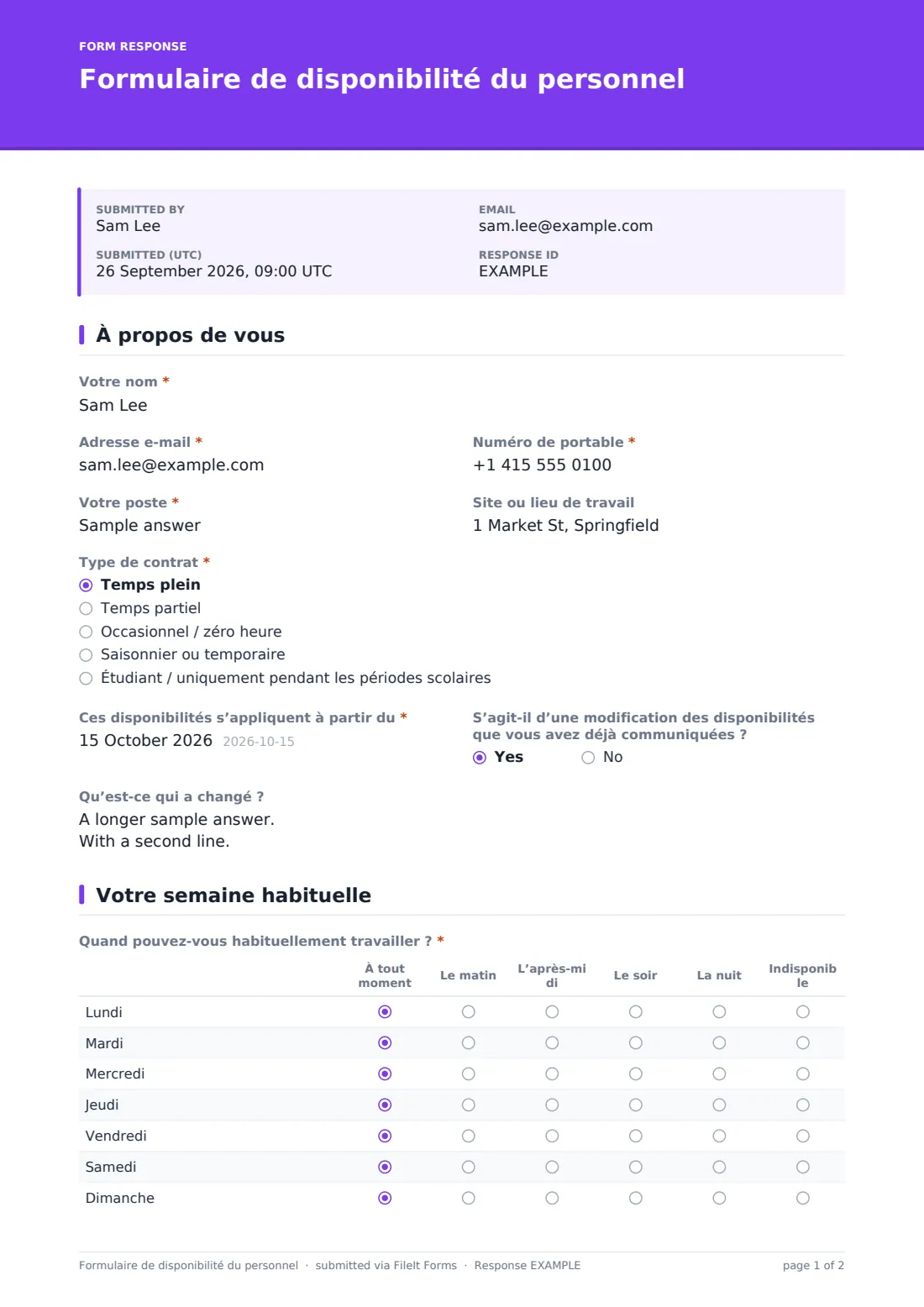 Formulaire de disponibilité du personnel — exemple de réponse au format PDF, page 1 sur 2