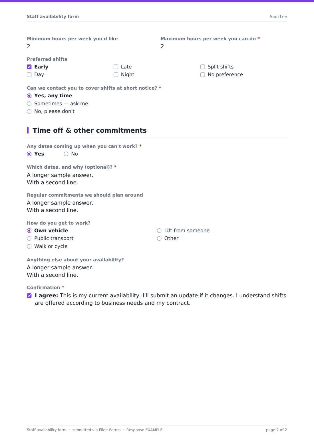 Staff availability form — example response PDF, page 2 of 2