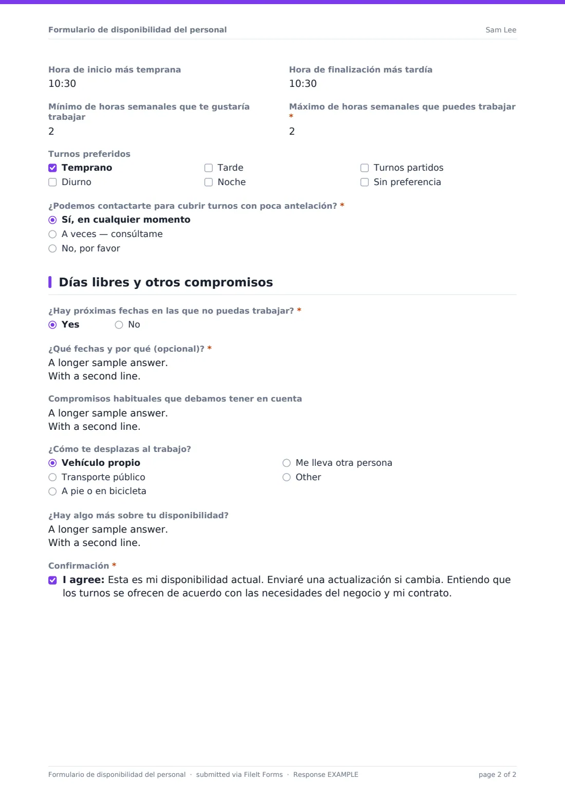 Formulario de disponibilidad del personal — PDF de respuesta de ejemplo, página 2 de 2
