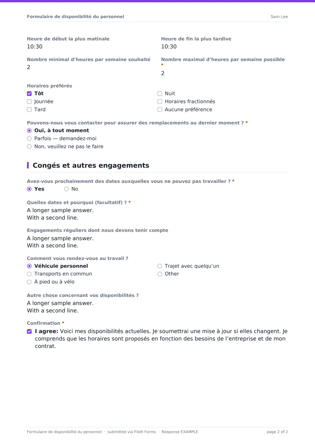 Formulaire de disponibilité du personnel — exemple de réponse au format PDF, page 2 sur 2
