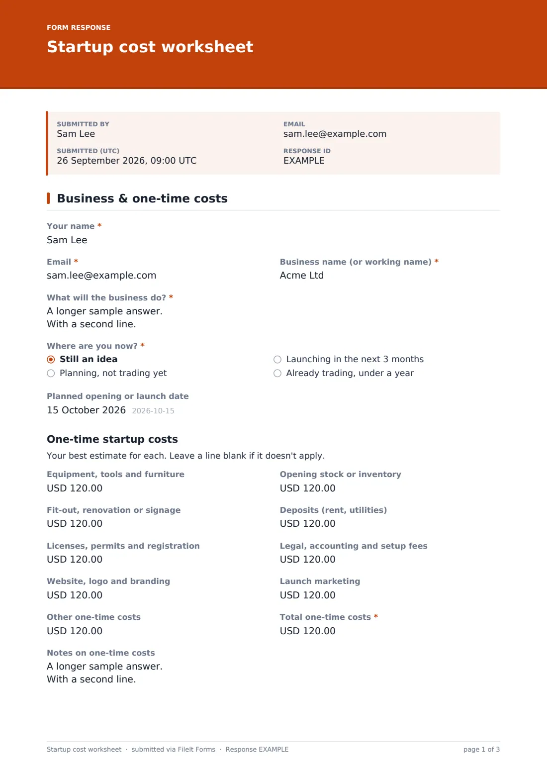 Startup cost worksheet — example response PDF, page 1 of 3