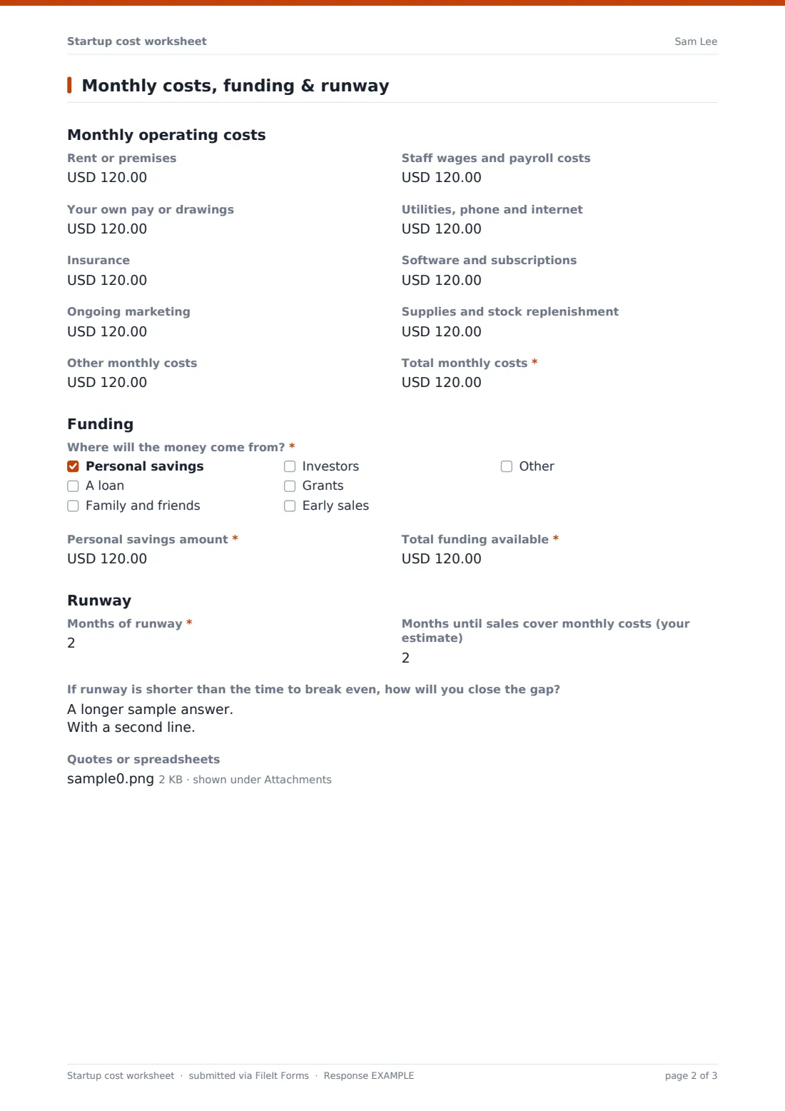 Startup cost worksheet — example response PDF, page 2 of 3