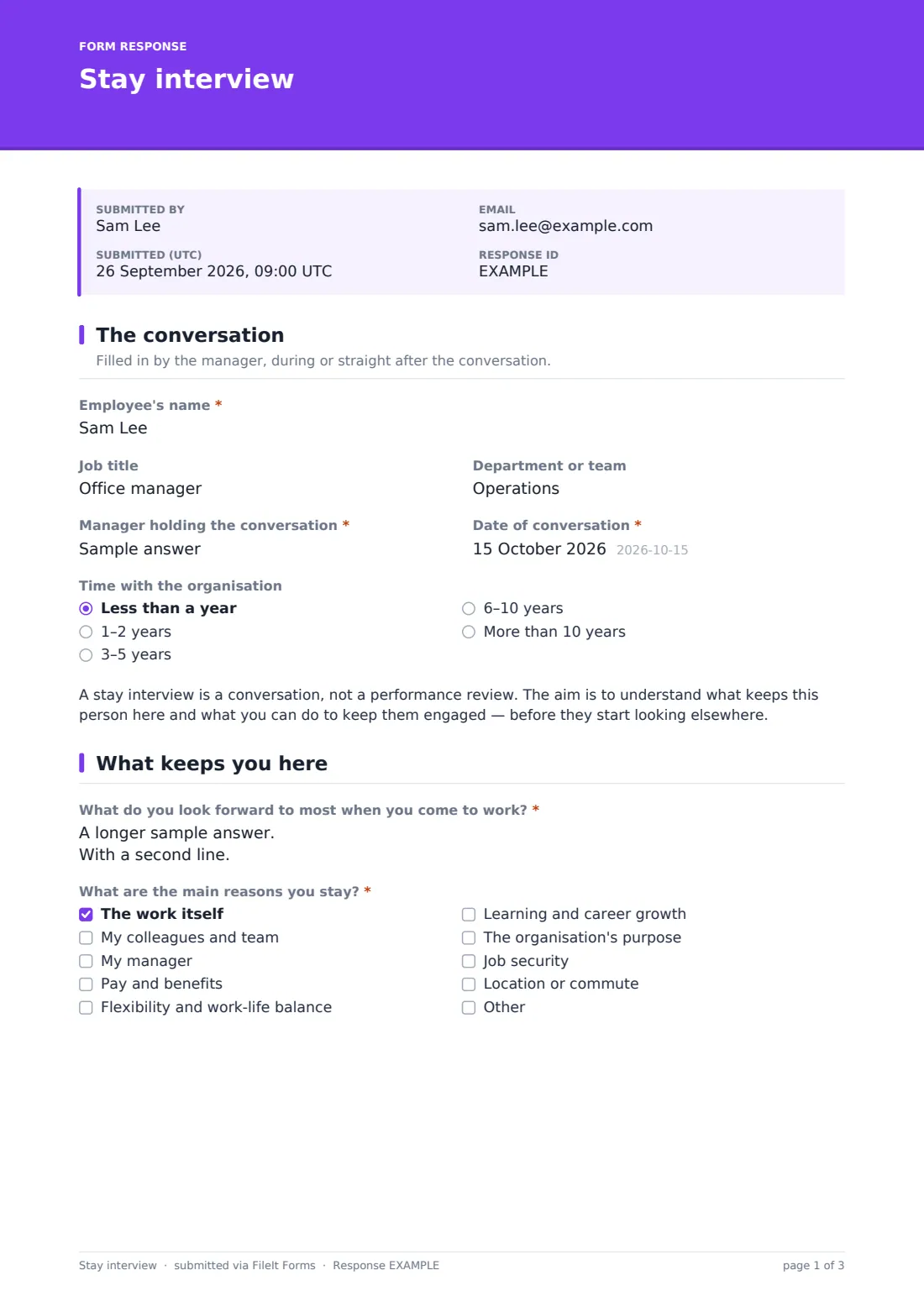 Stay interview — example response PDF, page 1 of 3