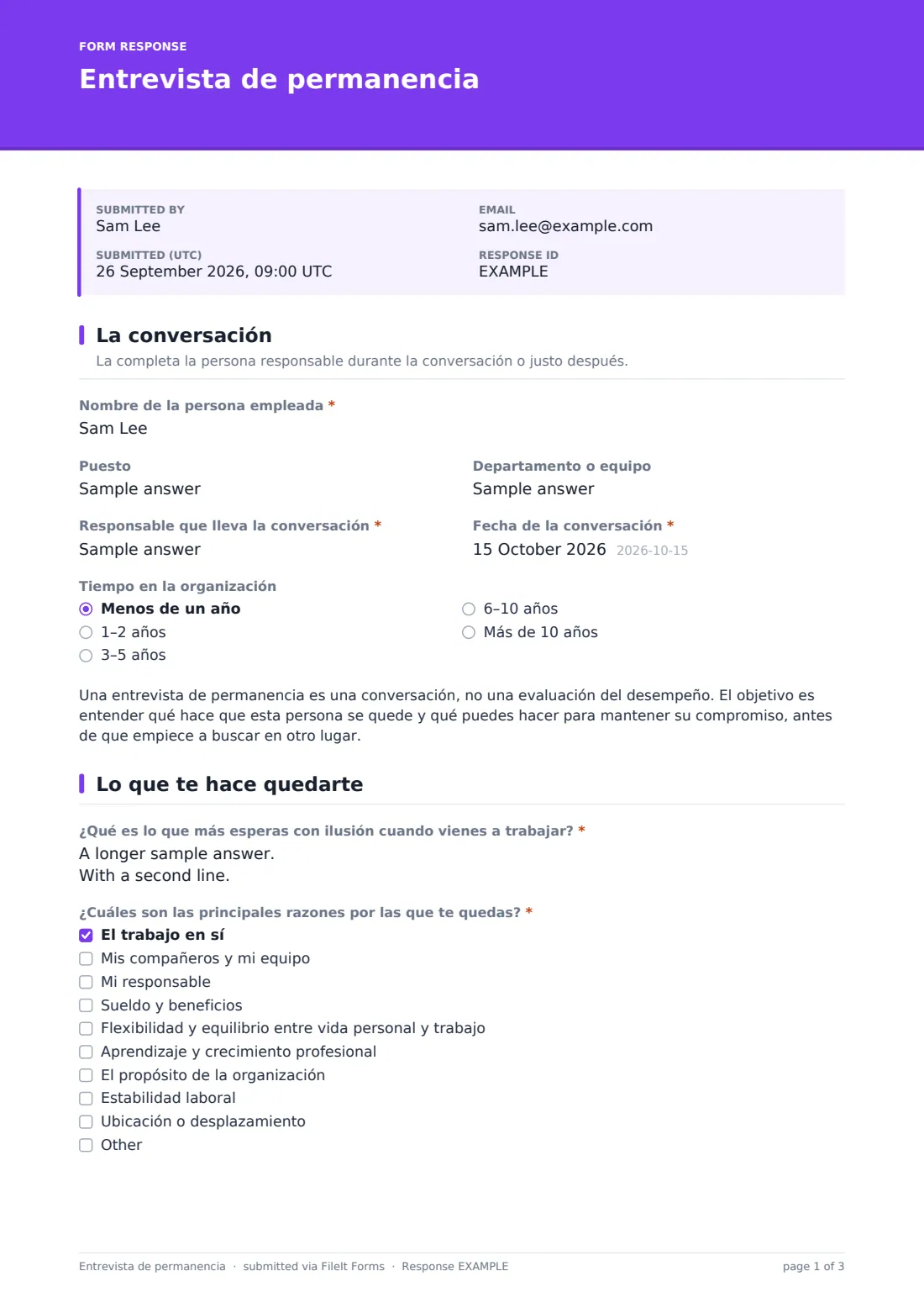 Entrevista de permanencia — PDF de respuesta de ejemplo, página 1 de 3