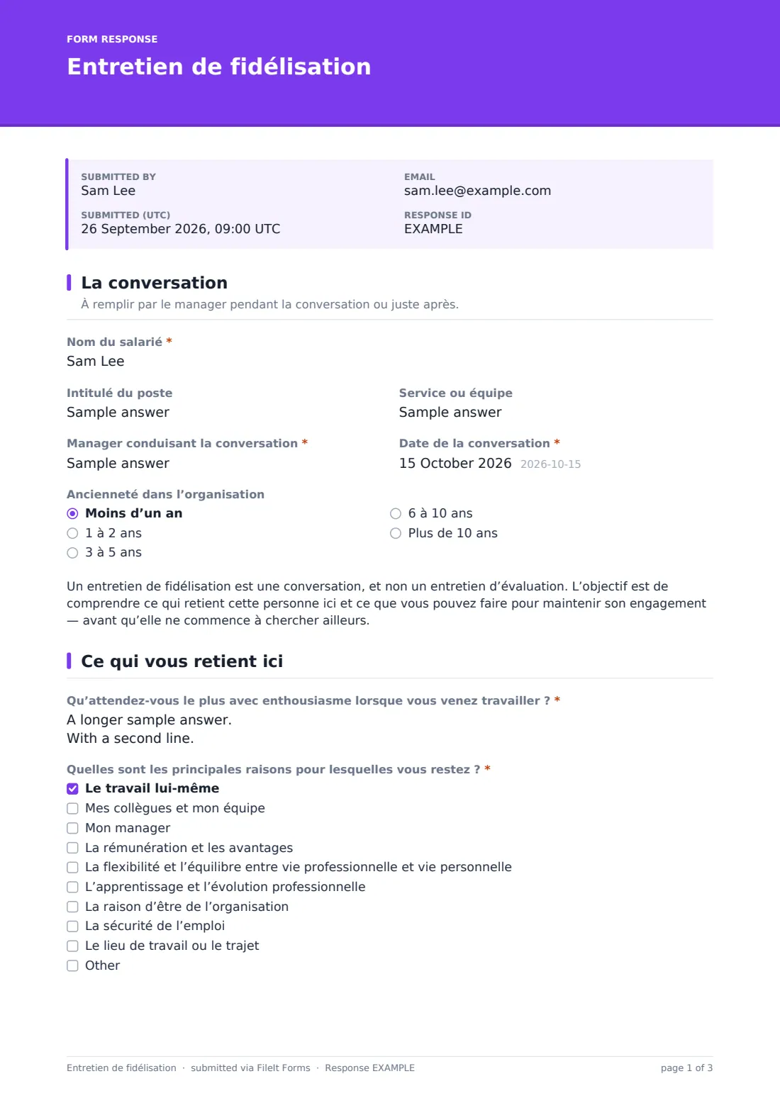 Entretien de fidélisation — exemple de réponse au format PDF, page 1 sur 3