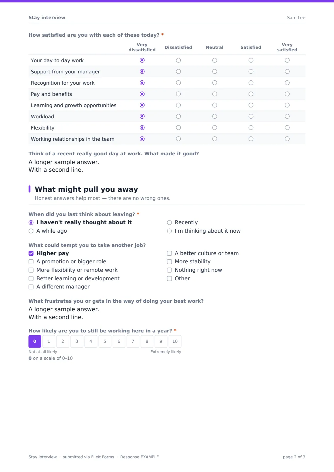 Stay interview — example response PDF, page 2 of 3