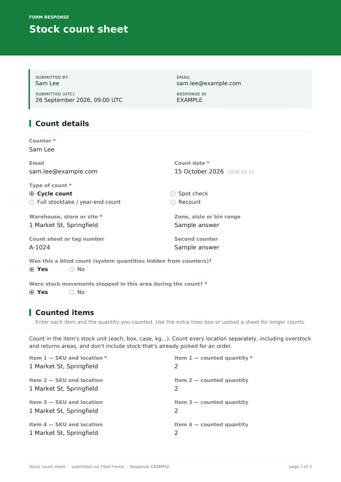 Stock count sheet — example response PDF, page 1 of 3