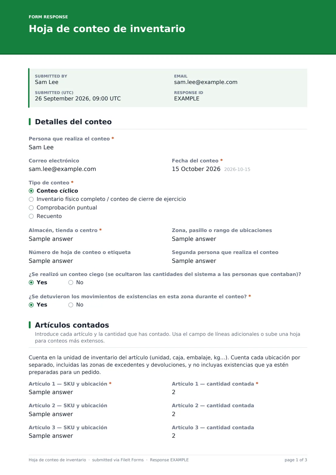 Hoja de conteo de inventario — PDF de respuesta de ejemplo, página 1 de 3