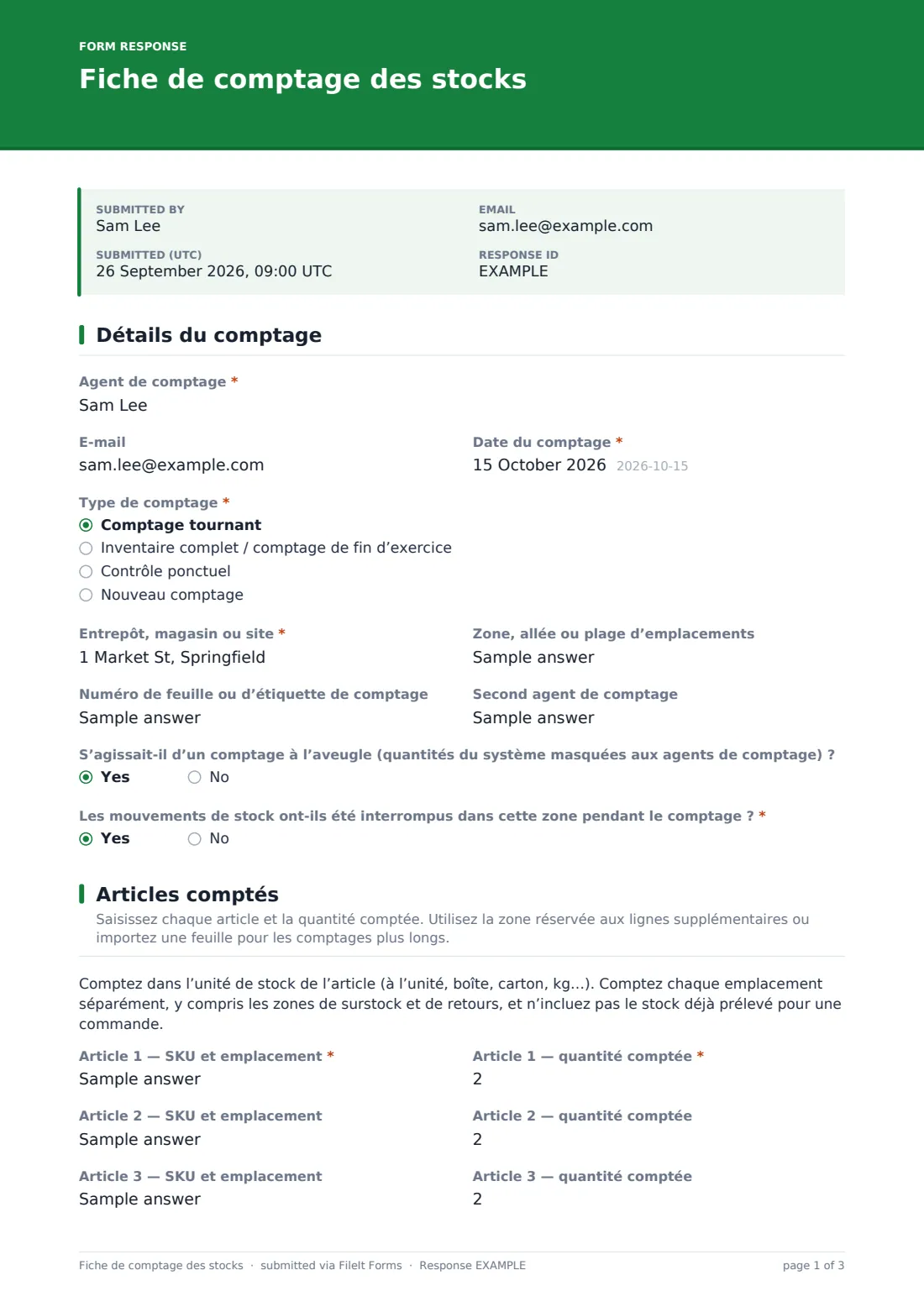 Fiche de comptage des stocks — exemple de réponse au format PDF, page 1 sur 3