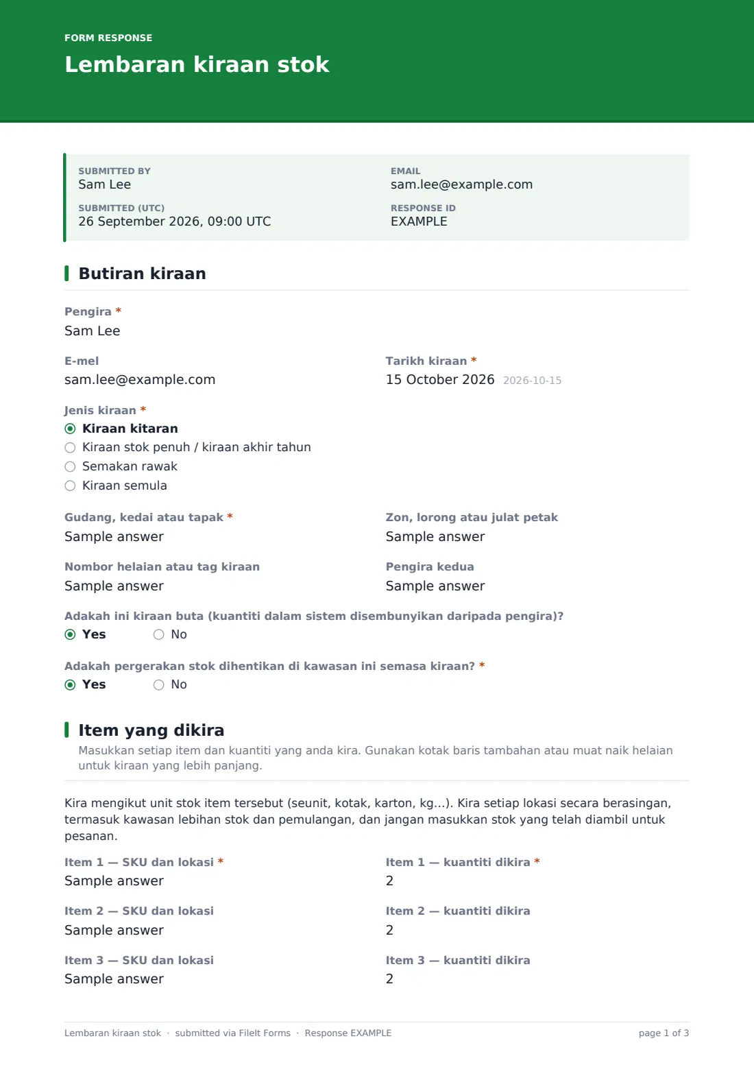 Lembaran kiraan stok — PDF respons contoh, halaman 1 daripada 3