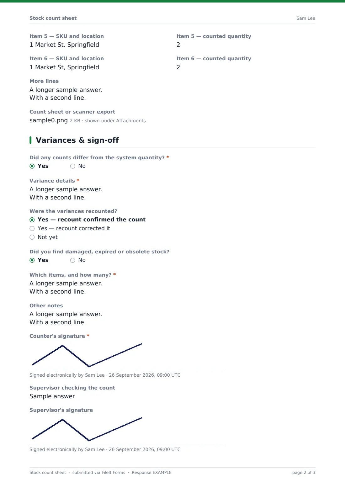Stock count sheet — example response PDF, page 2 of 3