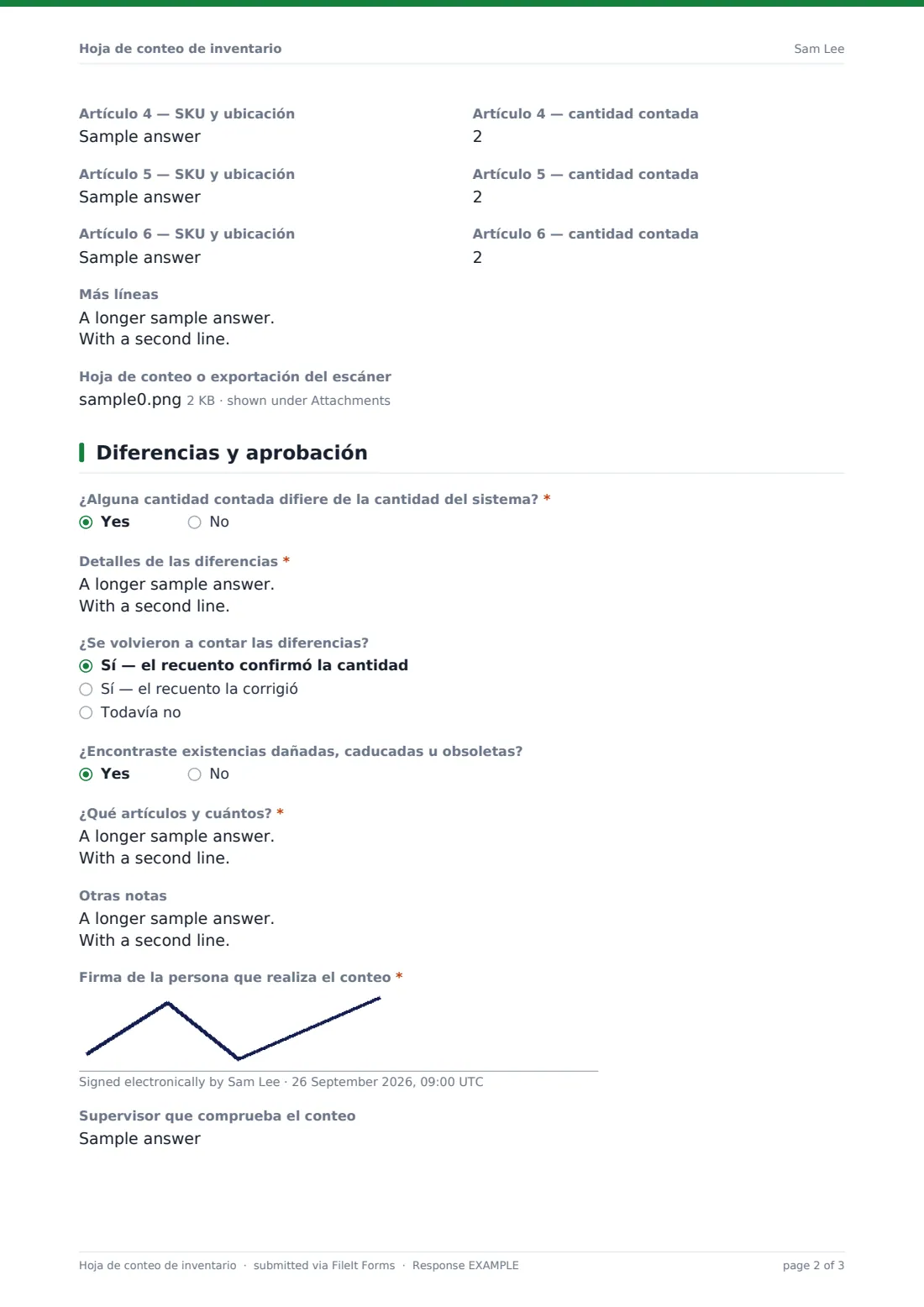 Hoja de conteo de inventario — PDF de respuesta de ejemplo, página 2 de 3