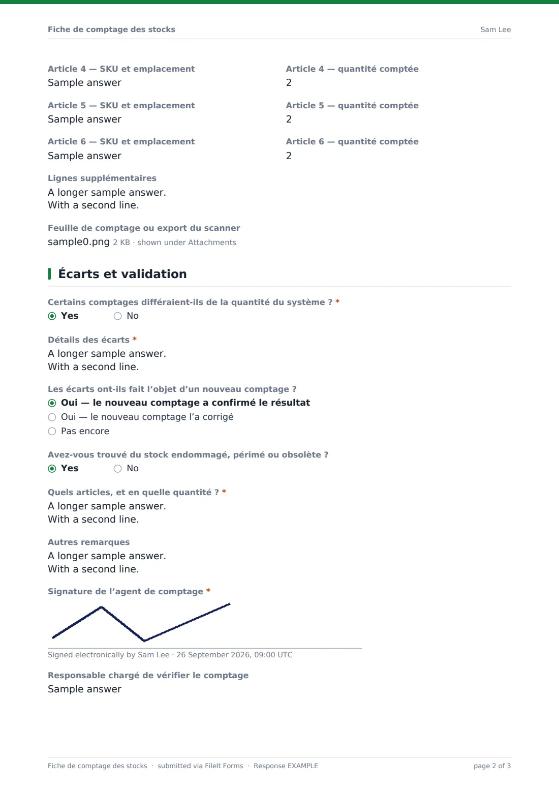 Fiche de comptage des stocks — exemple de réponse au format PDF, page 2 sur 3