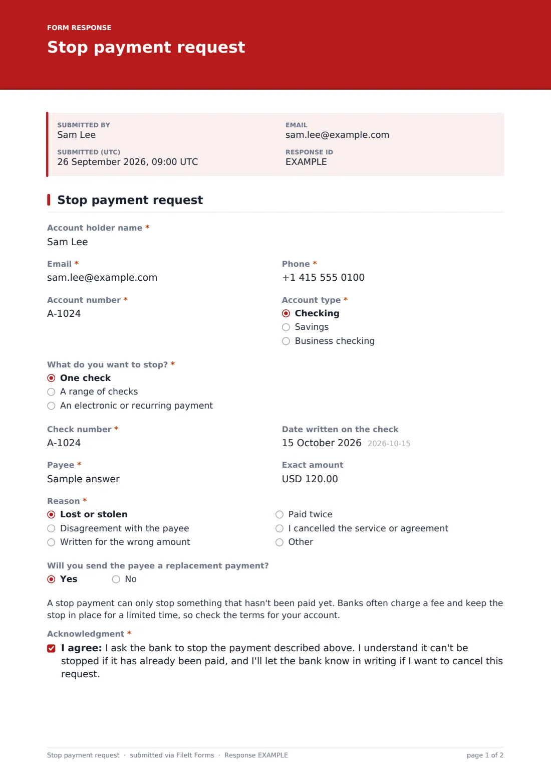 Stop payment request — example response PDF, page 1 of 2