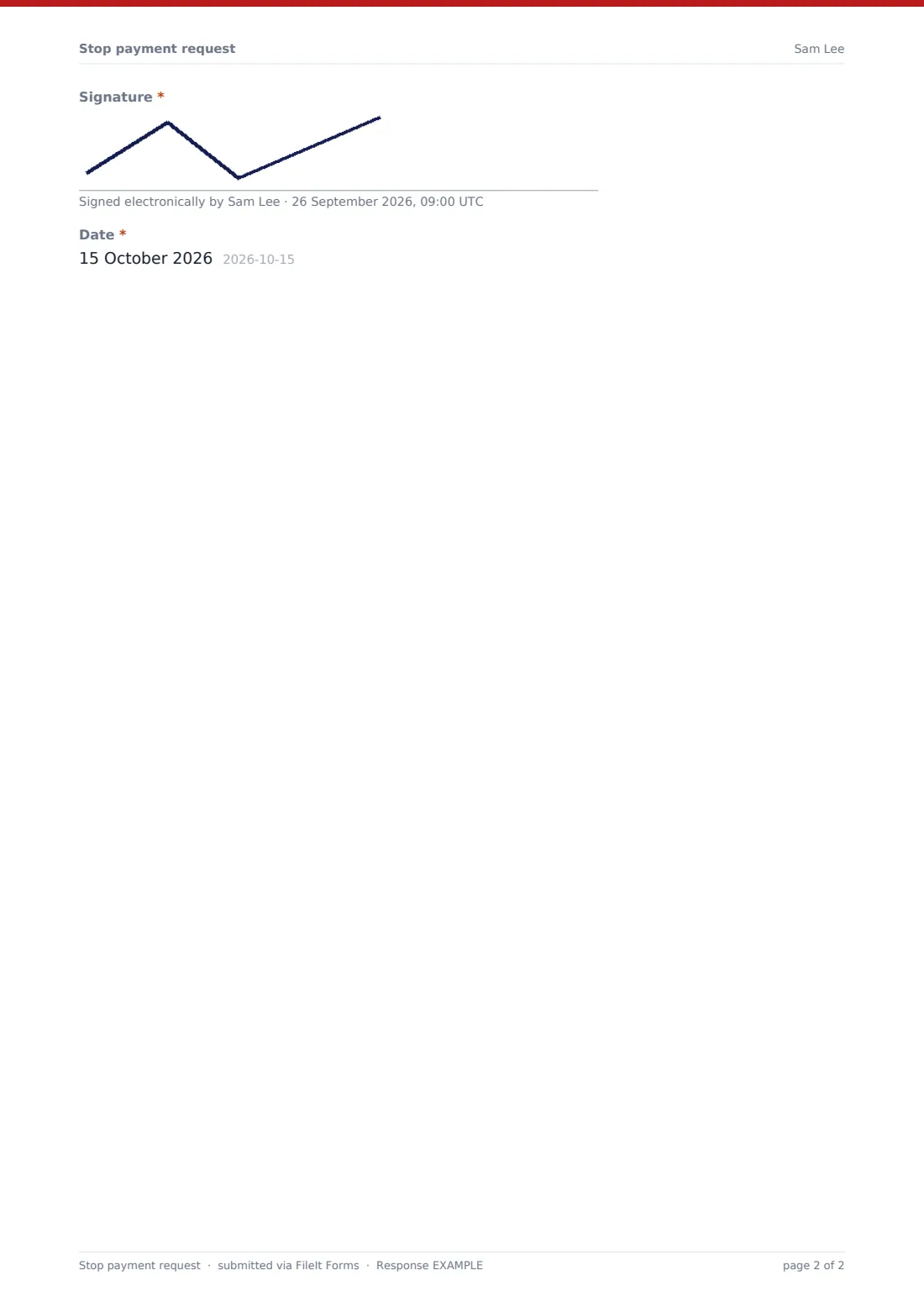 Stop payment request — example response PDF, page 2 of 2