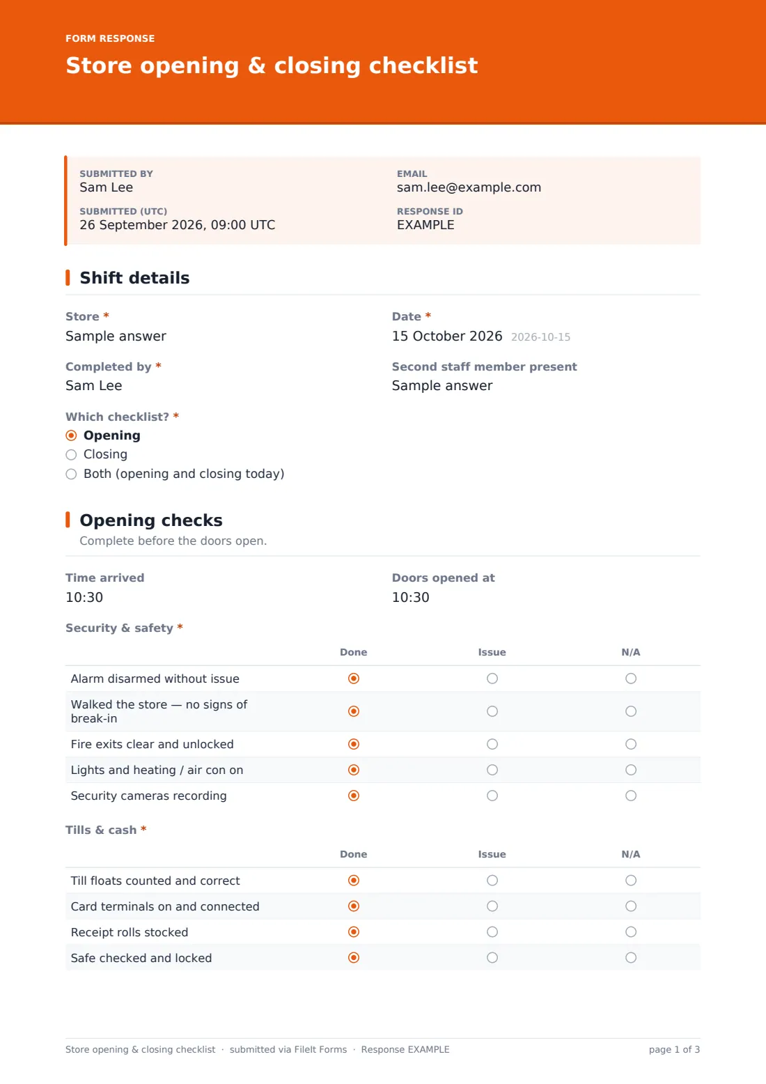 Store opening & closing checklist — example response PDF, page 1 of 3