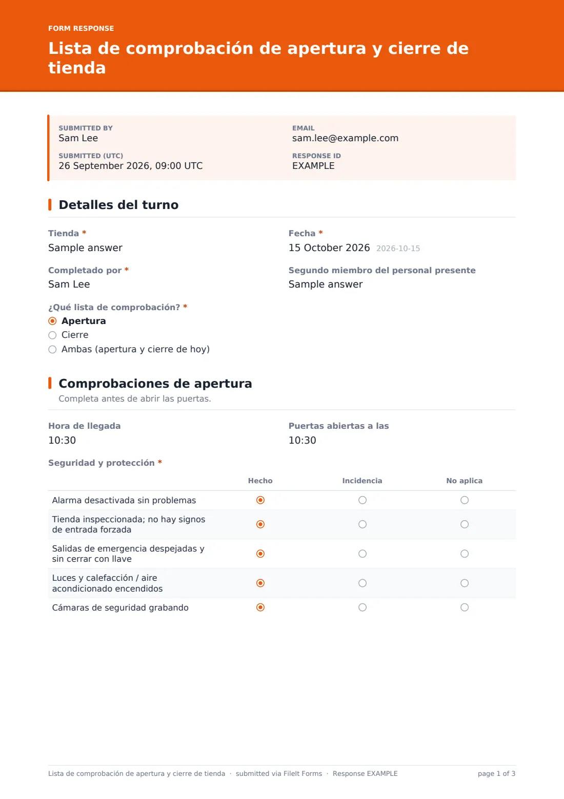 Lista de comprobación de apertura y cierre de tienda — PDF de respuesta de ejemplo, página 1 de 3