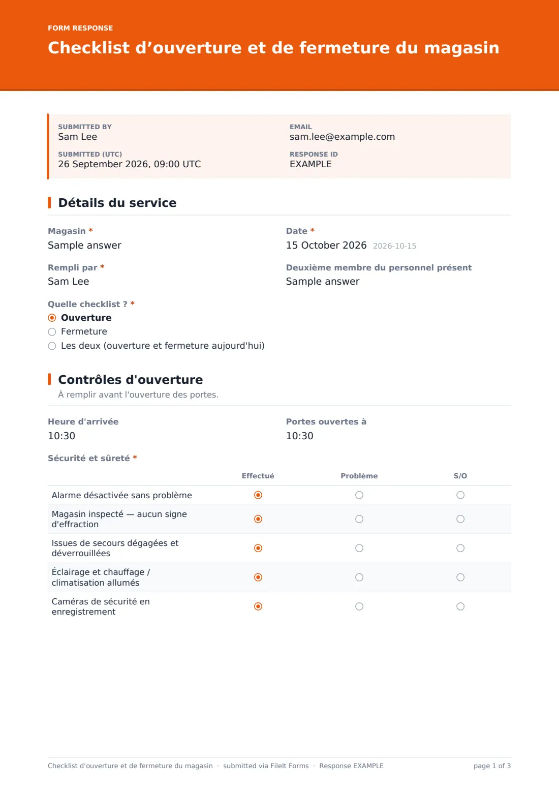 Checklist d’ouverture et de fermeture du magasin — exemple de réponse au format PDF, page 1 sur 3