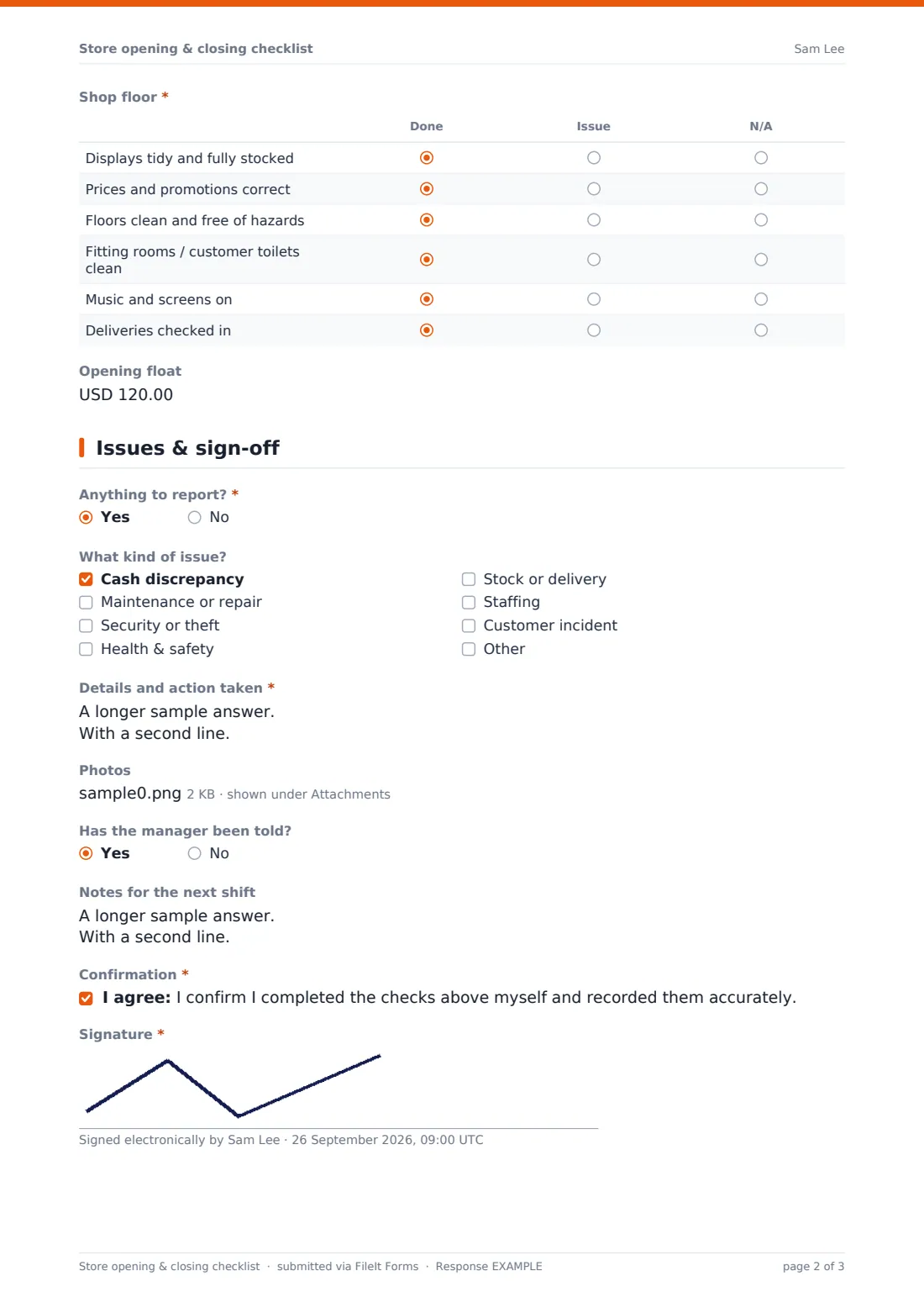 Store opening & closing checklist — example response PDF, page 2 of 3