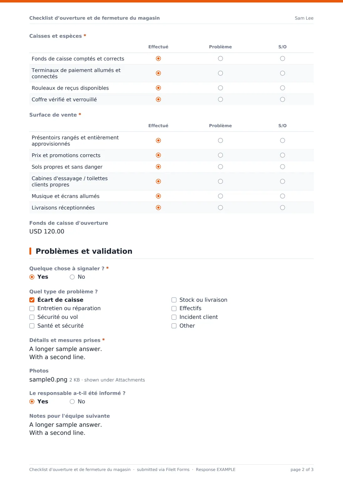 Checklist d’ouverture et de fermeture du magasin — exemple de réponse au format PDF, page 2 sur 3